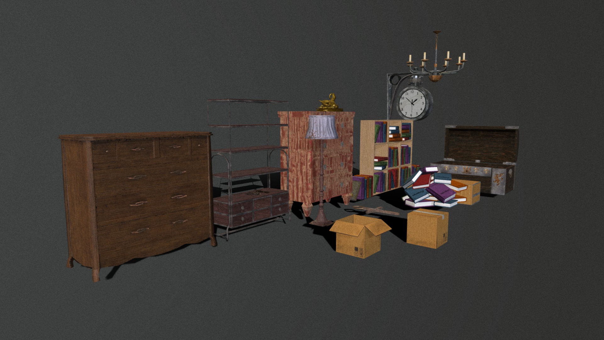 A pack of Horror Props Pack to use in a level ready for a game engine with all the assets has 27528 verts 24591 polys 49532 tris and each asset includes Diffuse and Normal map except the chandelier and the lits of the pack includes: 

Bookshelf
Boxes
Chandelier
Chest
Clock
Cross
Drawers
Furniture 01
Furniture 02
Goat Figurine
Keys
Lamp

If you need game assets for your games I am available for commission works 3d model