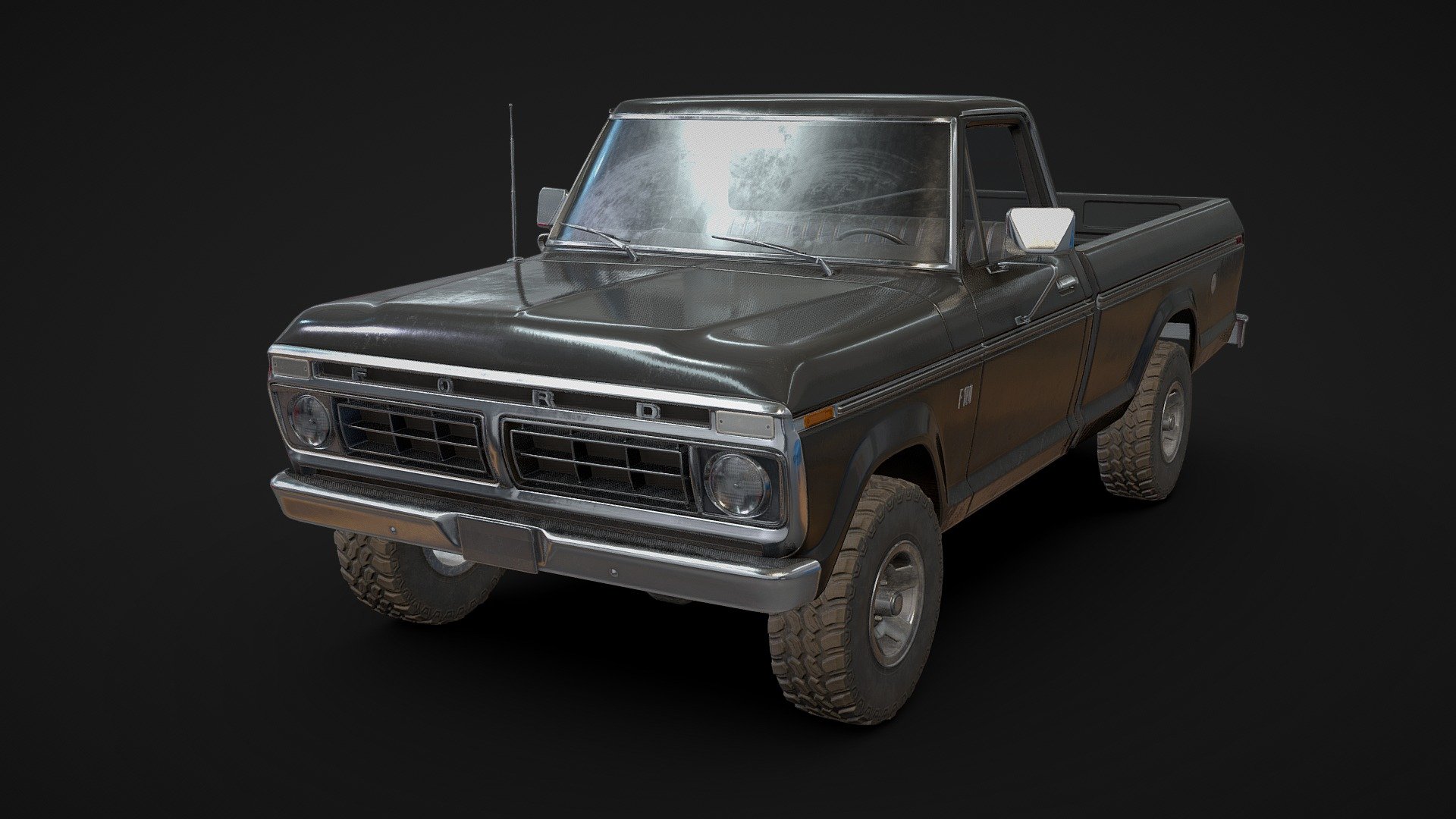 This is a classic American pickup truck made by Ford Motor Company in 1976. The model(64 202k tris) is a real world scale AAA game ready asset with realistic textures in a quite new state, the model is positioned on the center of the world with Z axis up and facing to X axis. This asset has modeled lights, full details interior and exterior, openable doors and a high detail under car with a functional suspension. Doors, wheels and steering wheel are separated objects with the pivot in the right position for an easier animation.

We will be happy to help you if you need any assistance with this asset. (Any future improvement or update of this asset will be included in this purchase) - Ford F100 1976 New Black - Buy Royalty Free 3D model by rpalomino 3d model