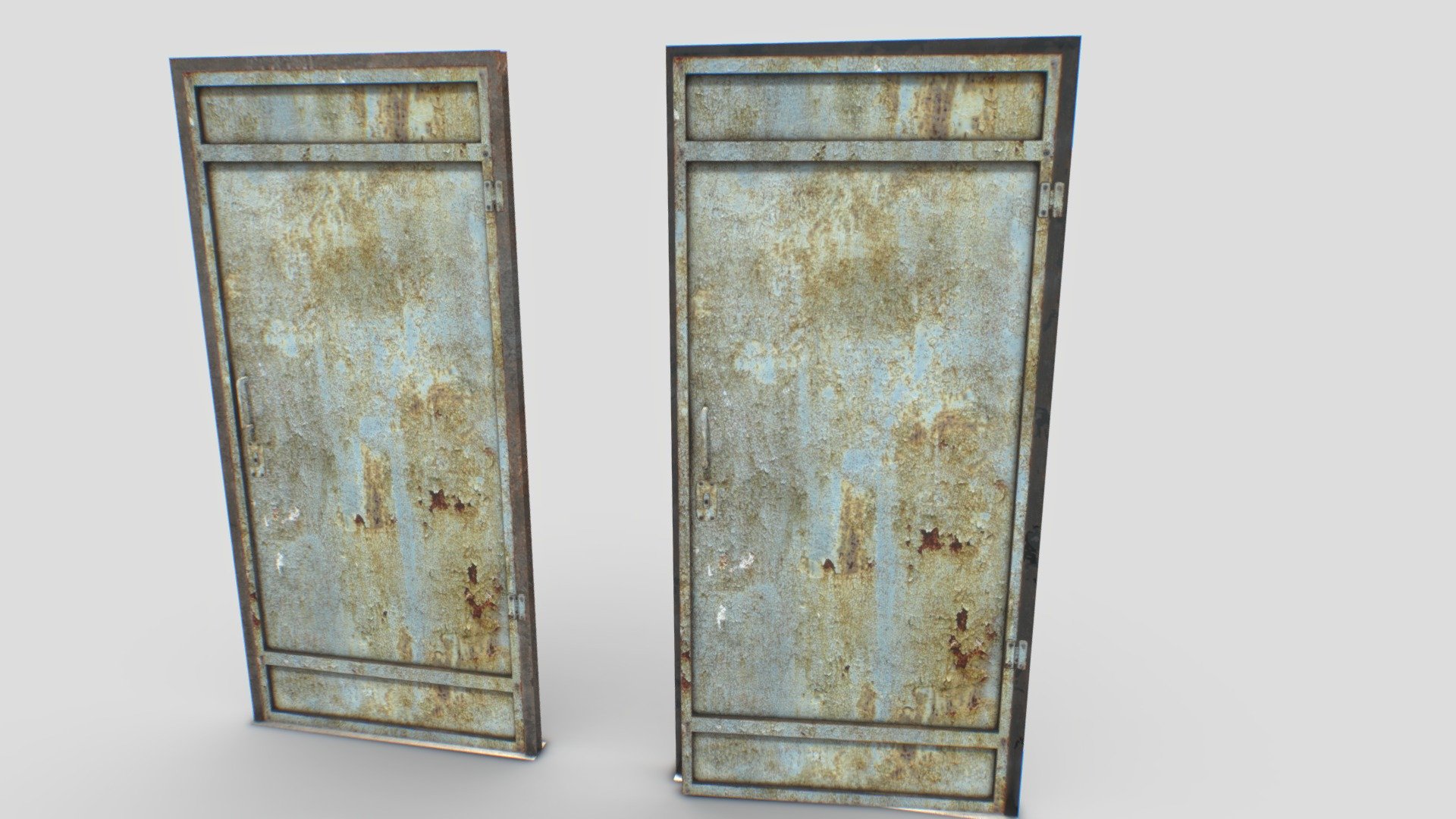 1 old metal door. Real scale. Comes with 4096x PBR textures including Albedo, Normal, Metalness, Smoothness, Roughness and AO.

Model comes with 2 different door frames.

Total polys 2700. 2500 verts 3d model