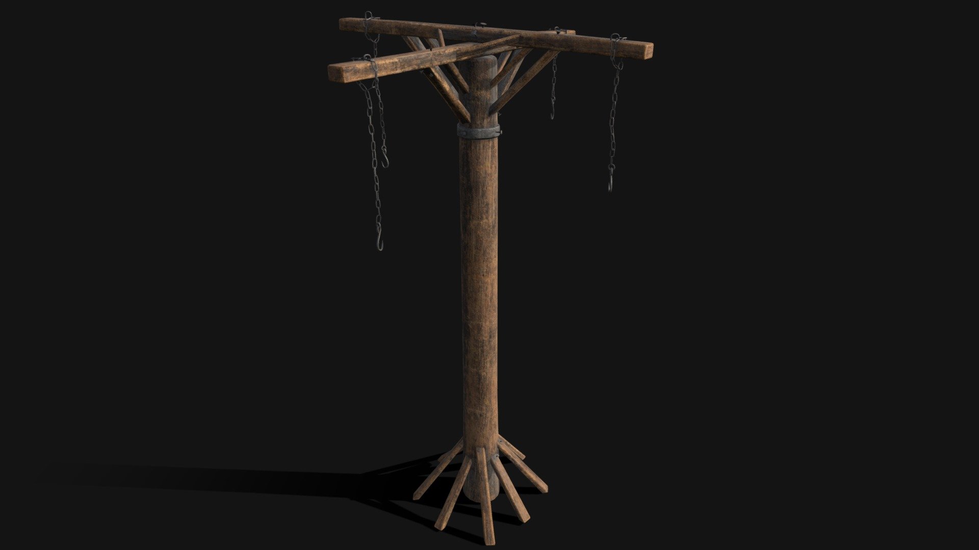 Medieval Gallow Pole 3D Model. This model contains the Medieval Gallow Pole itself 

All modeled in Maya, textured with Substance Painter.

The model was built to scale and is UV unwrapped properly

⦁   49952 tris. 

⦁   Contains: .FBX .OBJ and .DAE

⦁   Model has clean topology. No Ngons.

⦁   Built to scale

⦁   Unwrapped UV Map

⦁   4K Texture set

⦁   High quality details

⦁   Based on real life references

⦁   Renders done in Marmoset Toolbag

Polycount: 

Verts 25392

Edges 50472

Faces 25122

Tris 49952

If you have any questions please feel free to ask me 3d model