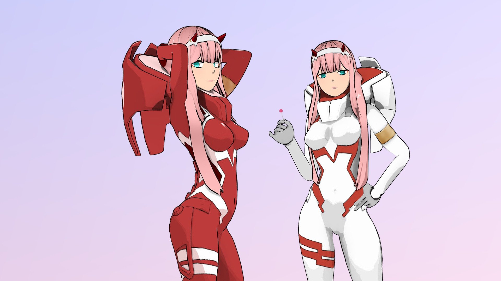Fan art of Zero Two in her red plugsuit looking confident.
First time doing a cel shade model. Turned out looking alright.
This model has a full body rig including the face.

**Do not reupload, redistribute the model or use the model commerically. I'm open to request in terms of any changes to this model. Buyers will have access to future update of this model. **

Included download file:




T-pose

T-pose rigged

Alternative 02 rigged

non cell-shaded 02 rigged

Lolipop
 - Zero Two - (fully rigged) - Buy Royalty Free 3D model by GHPurple 3d model