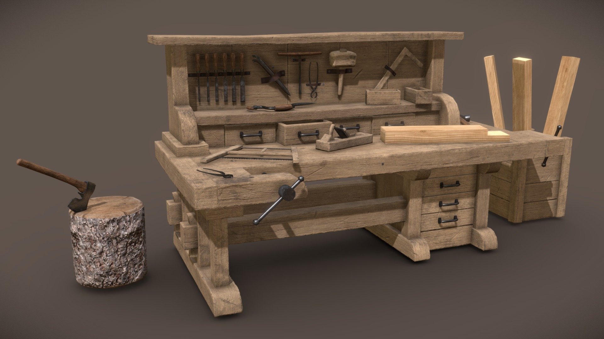 Carpentry Workstation
Model created with the intention of being used in medieval and fantasy-style games. Of course, I tried to make it relatively universal and useful for everyone :) Happy crafting!




Optimized 3D models ready for use in video games and other projects.

carpentry station + 16 tools.

separated materials (3) for tools, chisels and carpentry station.

two texture variants for the carpentry table - 2048x2048 and 4069x4069

5.3k verts =&gt; 9.4k tris

prepared and arranged files

For specific questions, feel free to comment or contact me via email, Facebook, or Instagram, which are available on my profile😀

For more 3D models check my profile! 

  Don't forget to like and follow :) - Carpentry Table - Buy Royalty Free 3D model by Mikołaj Michalak (@M_Michalak) 3d model