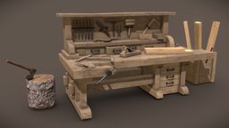 Carpentry Table set, woodworking, prop, tools, station, carpenter, optimized, workstation, carpentry, crafting-table, game, gameasset, workshop, textured