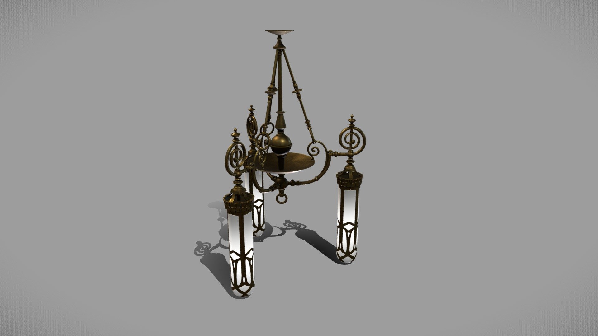 Gothic chandelier for the living room with decent decorations. As a material, we chose bronze and glass. The model fits perfectly into any living room of the late 19th century.  

All models have a LOD and their own collider for easy use as game props.Packed Ambient oclusion (R), roughness (G) and metalic (B) and Unreal engine 4 project are also included 3d model