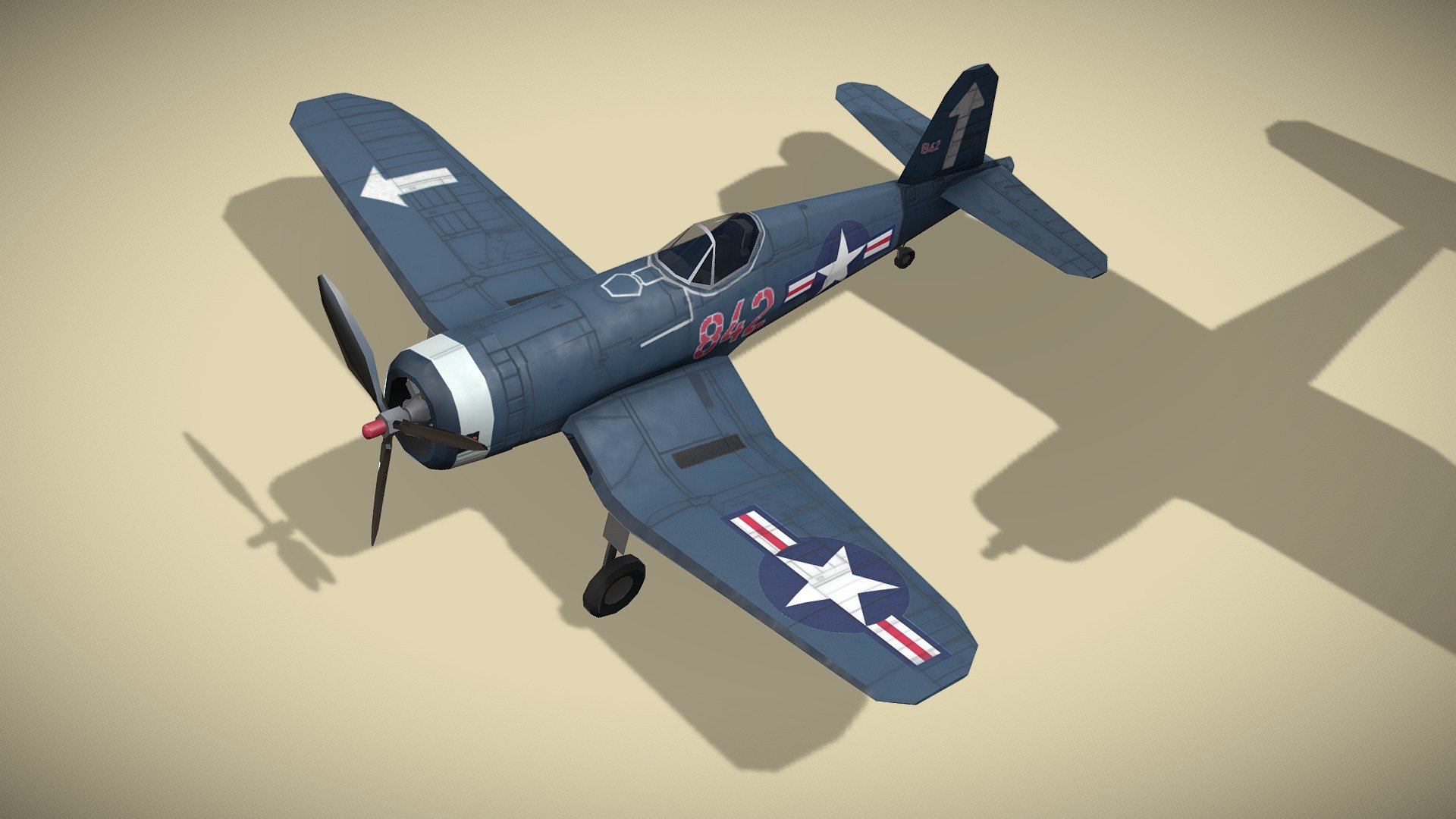 Vought F4U Corsair

Lowpoly model of american fighter plane.



Vought F4U Corsair is an American fighter aircraft which saw service in World War II and the Korean War. Designed and initially manufactured by Chance Vought, the Corsair was soon in great demand; additional production contracts were given to Goodyear and Brewster.

The Corsair was designed and operated as a carrier-based aircraft, and entered service in large numbers with the U.S. Navy in late 1944 and early 1945. It quickly became one of the most capable carrier-based fighter-bombers of World War II. Early problems with carrier landings and logistics led to it being eclipsed as the dominant carrier-based fighter by the F6F Hellcat, powered by the same Double Wasp engine.



1 standing version and 2 flying versions in set

Model has bump map, roughness map and 3 x diffuse textures.



Check also my other aircrafts and cars.

Patreon with monthly free model - Vought F4U Corsair lowpoly WW2 fighter - Buy Royalty Free 3D model by NETRUNNER_pl 3d model