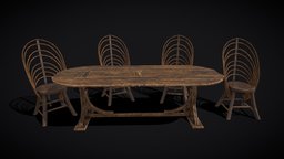Rustic Table and Bent Stick Chairs wooden, cg, medieval, unreal, chairs, rustic, furniture, table, cgi, gamedev, seating, decor, kitchen, dinning, highquality, dinningtable, substance, unity, 3d, blender, pbr, lowpoly, wood, table-and-chairs
