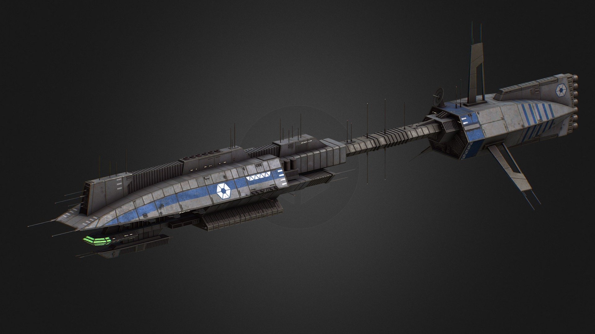The Overseer Class Light Cruiser was produced at the Hoersch-Kessel Driveworks during the later stages of the Old Republic. These vessel's were deployed by the Commerce Guild during the Clone Wars as patrol, escort and commerce raiders, employing their large communication and sensor masts to track and intercept targets of opportunity. 

These 900 meter vessels were typically armed with a Dual Heavy Ion Cannon emplacement underslung on the forward hull as well as 8 dual multipurpose turbolaser batteries and 6 missile tubes placed in an array along the upper hull. 

• She’ll be available for digital download during the month of AUG on my Patreon!
https://www.patreon.com/Kharak

• Checkout my other work: https://linktr.ee/dominion_of_kharak - Commerce Guild Light Cruiser Patreon Release! - Buy Royalty Free 3D model by Kharak 3d model