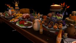 Fantasy Feast Food and Tableware Asset object, food, fanart, ham, prop, prefab, meat, table, dishes, props, vegetables, tableware, feast, flatcolors, handpainted, unity, lowpoly, gameart, gameasset, wood, stylized, fantasy