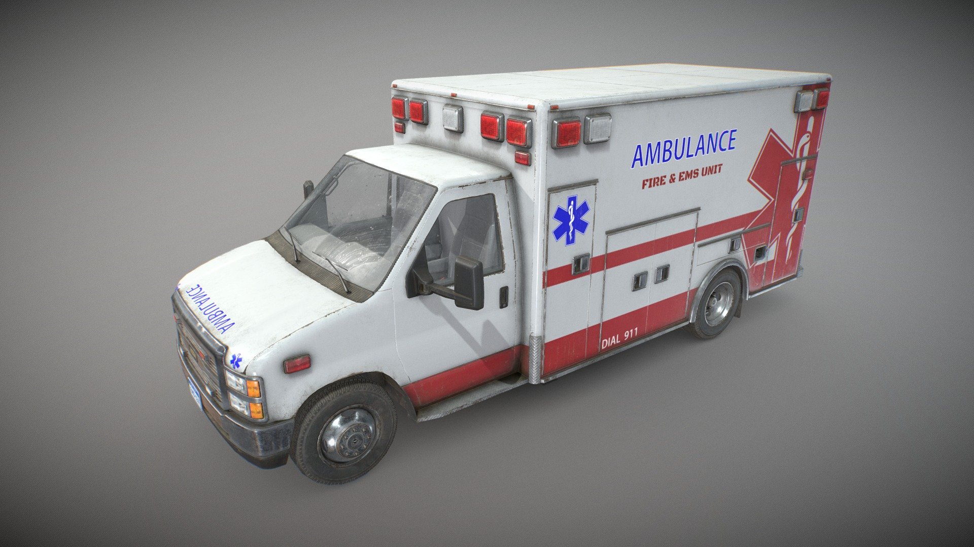 Game Ready Ambulance with finished interior and Stretcher included:


The unit of measurement used is centimeters
Front and back doors, wheels and steering wheel are separated and can be easily rigged/animated.
Interior and Box Interior are separate objects to detach if needed.
Stretcher as separate object and with 2 versions (open and folded)
PBR textures
All branding and labels are custom made
Second uv channel included
Packed ORM textures included
Average texel density: 1040 px/m

Polys:


Ambulance: 31.272 tris
Stretcher: 3.344 tris
TOTAL: 34.616 tris

Maps sizes: 


Body: 4096x4096
Details: 4096x4096
Interior: 4096x4096
Box Interior: 4096x4096
Wheels: 2048x2048
Windows: 2048x2048
Stretcher: 2048x2048

Provided Maps:


Albedo 
Normal
Roughness
Metalness
AO
Opacity included in Albedo (windows)
Emissive

Formats Incuded - MAX / BLEND / OBJ / FBX 

This model can be used for any game, film, personal project, etc. You may not resell or redistribute - Ambulance Type 3 - Low Poly - Buy Royalty Free 3D model by MSWoodvine 3d model
