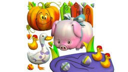 Cartoon 3D illustration Pig Duck Pumpkin Goose scene, fence, image, grass, toon, bird, pig, kid, chick, children, composition, lake, bow, turkey, mammal, duck, rig, puddle, branch, hog, farm, picture, rooster, personage, goose, illustration, coloring, multicolor, idle, sow, animals-cute, animal-cartoon, cartoon, game, animal, animated, pumpkin, funny, black, "rigged", "skin", "homeanimal"