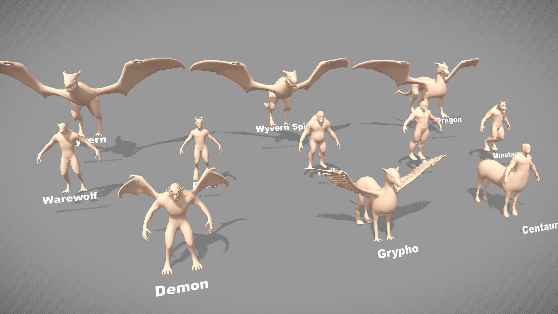 Includes 11 of the most basic creatures mesh sets and is equipped with advanced 3D rendering tools to help increase your productivity! A good background grid allows you to save time with good proportions, clear topology, and clean paint weight.
Features:

1.Low polygon count (good for games and retopologizing after sculpting)
2. Symmetrical with the origin point at the center of the grid floor (ready for mirroring)
3. 100% quads, clean topology, subdivision ready
4. Full uv for characters
5. Detailed body ( eyes, mouth, teeth, tongue )

Package description included:



11 file FBX ( 95k tris)





Demon ( 8149 tris )

Grypho ( 21858 tris )

Centaur ( 8162 tris )

Warewolf ( 8355 tris )

Faun ( 8046 tris )

Troll ( 7976 tris )

Orc ( 5698 tris )

Minotaur ( 5272 tris )

Wyvern ( 5702 tris )

Wyvern Spiny ( 7182 tris )

Dragon ( 8614 tris )


Contact me for support. Hope to receive feedback from everyone. Thank - Base Meshes Monster - Pack Lowpoly - Buy Royalty Free 3D model by DuNguyn - Assets store (@nguyenvuduc2000) 3d model