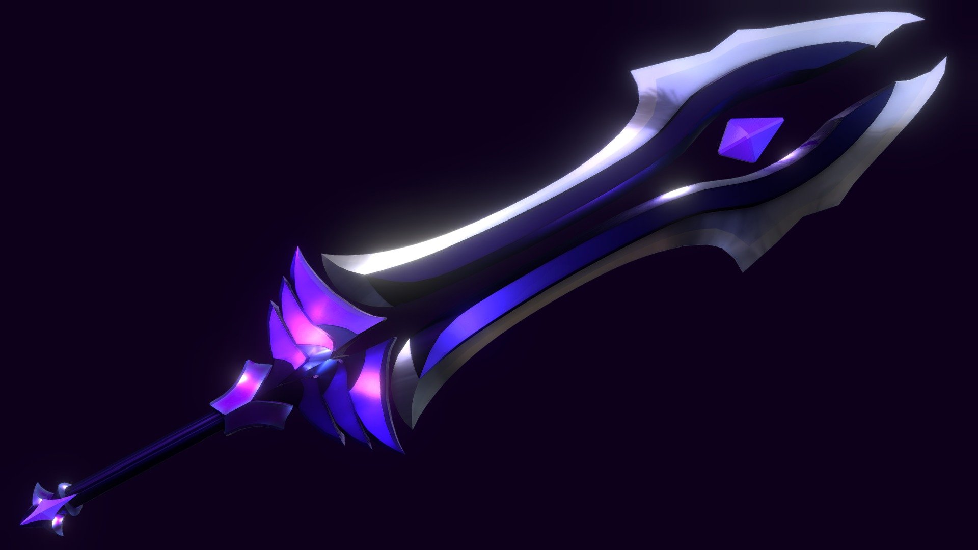 About the model: This is a double-bladed, single-edged fantasy sword that features a large magic crystal suspended between the blades, as well as two smaller ones at the end of the handle. It was designed around the idea of a magic, sword-hielding assassin.

Topology: Quads.

Performance: It performs very well in-game, it’s lowpoly and good looking. The textures can be down-scaled from their original 4k resolution to 1k, and it will still have great quality.

Textures: 4k textures of: Color, Metallic, Roughness, Ambient Occlusion, Curvature, Thickness, Position.

UV: UV map unwrapped and packed.

Formats Included: FBX, OBJ, BLEND, GLB, PLY, STL, USDC, X3D, DAE, ABC, MTL 3d model