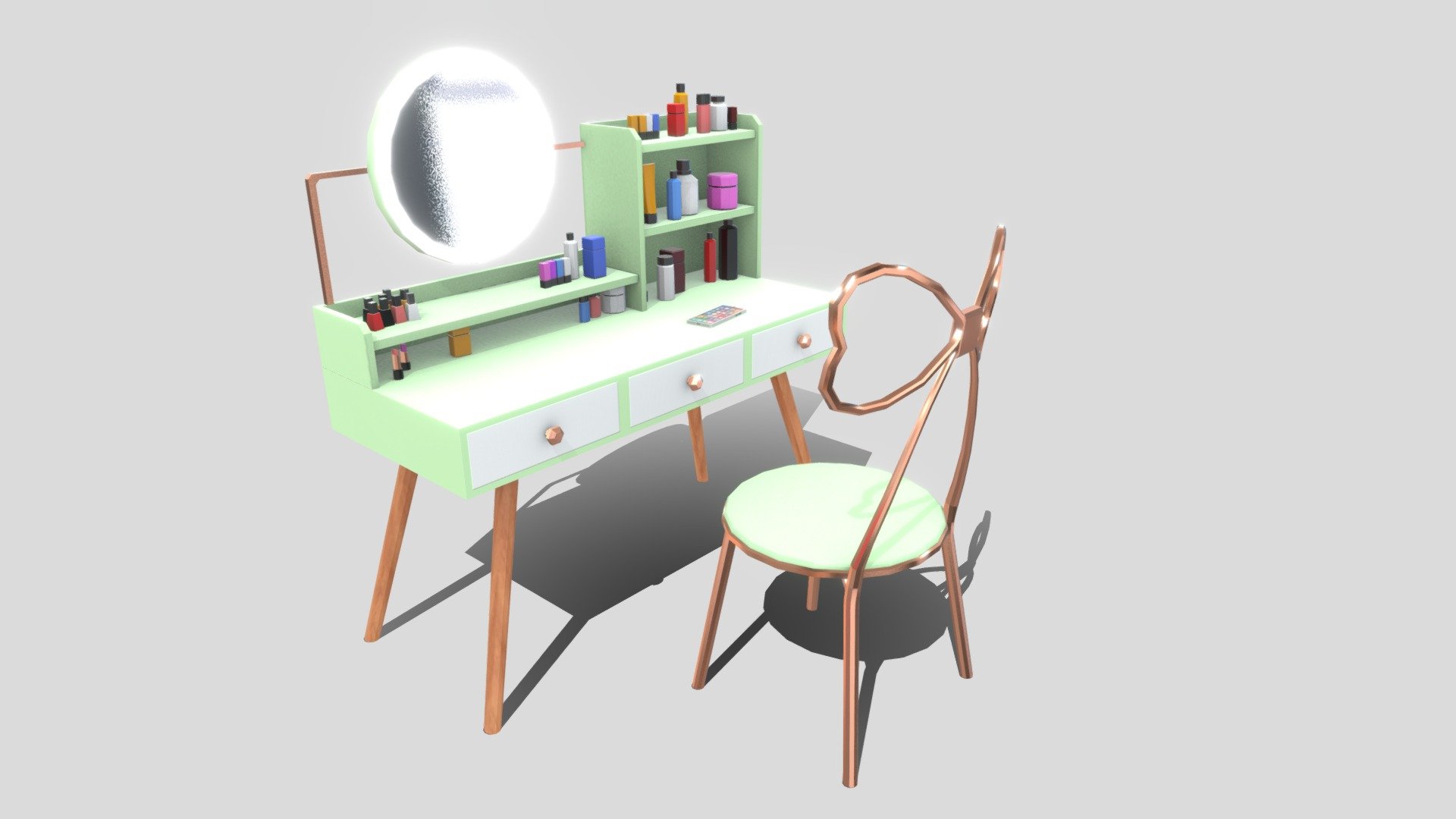 This is model of the cosmetic table. Model was made as a low poly.

This asset pack contains:

Model of the comsetic table with accessories and chair.

Technical information:

Texture 2048x2048 ( one pack )

The textures include emission map.

Cosmetic table - 956 tris, 549 faces, 515 verts.

Chair - 1540 tris, 820 faces, 780 verts.

accesoriess - 3424 tris, 1882 faces, 1790 verts.

Contact details:

lukas.boban123@gmail.com

07591664224

https://www.facebook.com/lukas.boban/

Thank you for taking look please consider leave like 3d model