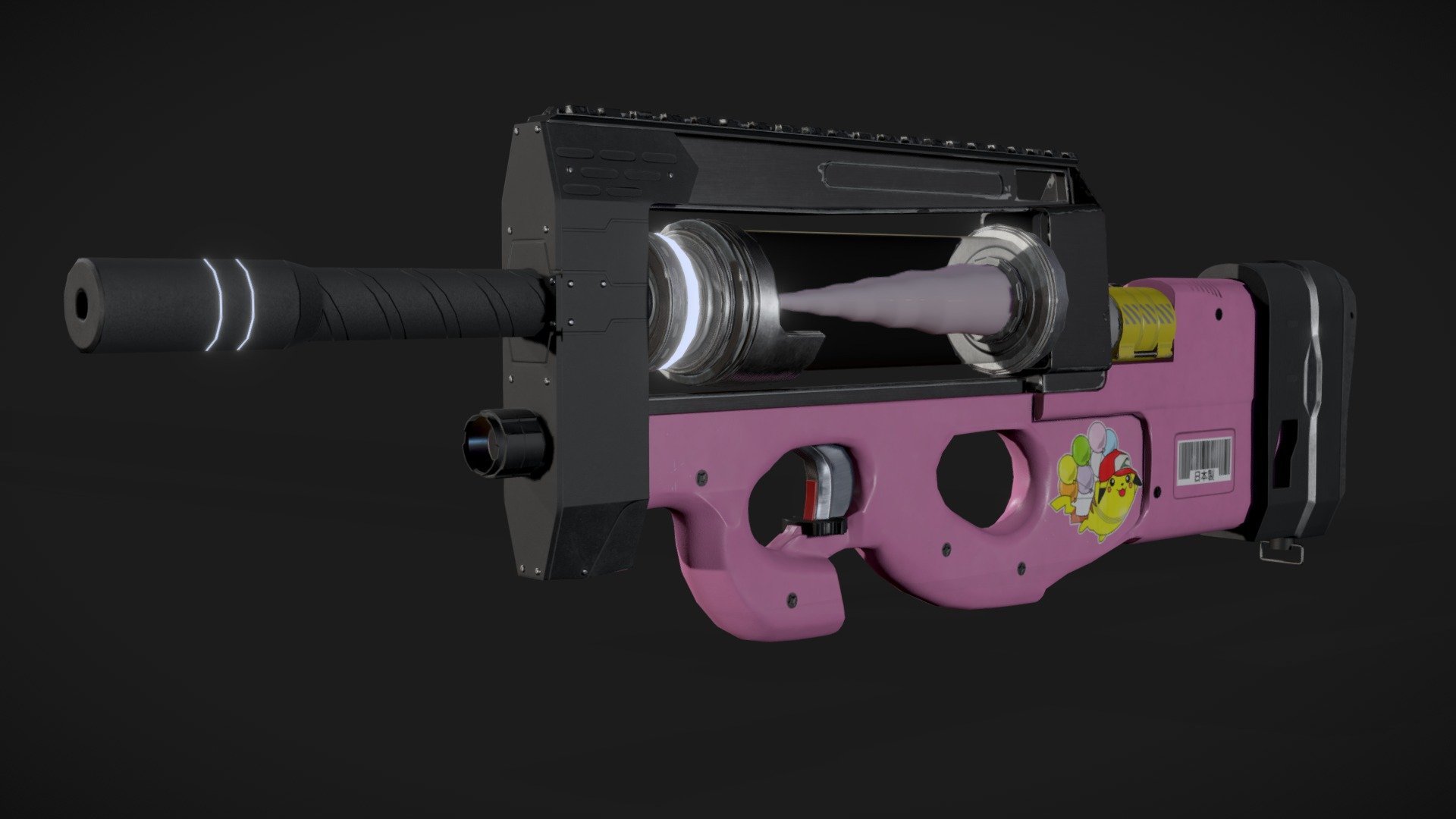 sci fi gun concepted by me. I've always loved the shape design of a p90 so I wanted to create a sci-fi looking gun using the same shape language. My little sister also love unicorns so when she saw I was stumped on my design she gave the idea of unicorn gun. I decided to run with the idea so I started concepting in maya using booleans. After a couple of designs I decided to go with this one. I modeled the gun in maya and then textured it using substance painter and photoshop. That little unicorn sticker is also drawn by my little sister lol - Unicorn Gun - Buy Royalty Free 3D model by oaperez1996 3d model
