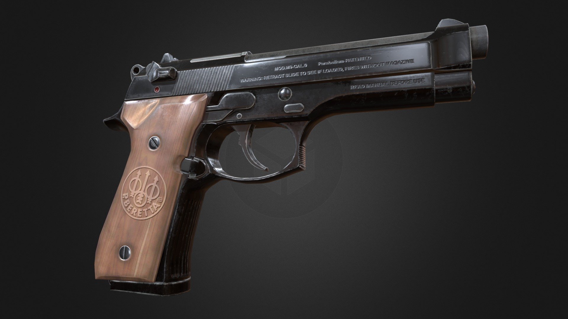 Beretta M9 Semiautomatic Pistol PBR is an optimized model with excellent texturing for best outcome.

The model has an optimized low poly mesh with the greatest possible number of simplifications that do not affect photo-realism but can help to simplify it, thus lightening your scene and allowing for using this model in real-time 3d applications.

In this product, all objects are ERROR-FREE. All LEGAL Geometry. Subdivisions are not required for this product. Real-world accurate model.


Format Type



3ds Max 2017 (Default Physical PBR Shader)

FBX

OBJ

3DS


Texture Type
1 material used. 1 set of:




Albedo

Metalness

Roughness

Normal

AO

You might need to re-assign textures map to model in your relevant software

You might need to flip green channel of Normal map according to your relevant softwar - Beretta M9 Semiautomatic Pistol PBR - Buy Royalty Free 3D model by 3d Assets Gun (@3dassetsgun) 3d model
