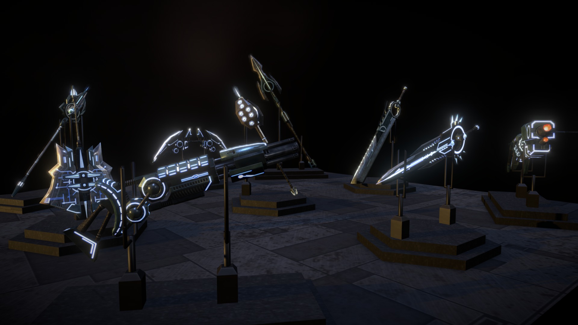 A low-poly weapon set inspired by Tron. Made this set for a sci-fi MMORPG. It looks so much better in Sketchfab though :) Thanks to PBR and various effects available here.

Used a depth of field filter and bloom postprocessing effect to add flavor.

The normal and emissive maps for the staff, spear and buster-type sword have not yet been added so lets just say that the weapons have not yet been &ldquo;activated