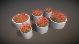 Concrete Pipe Pots With Red Flowers plant, pipe, red, grass, flora, pots, growth, concrete, flowers, gardening, pot-plant, 3dhaupt, pbr, blender3d, concrete-ring