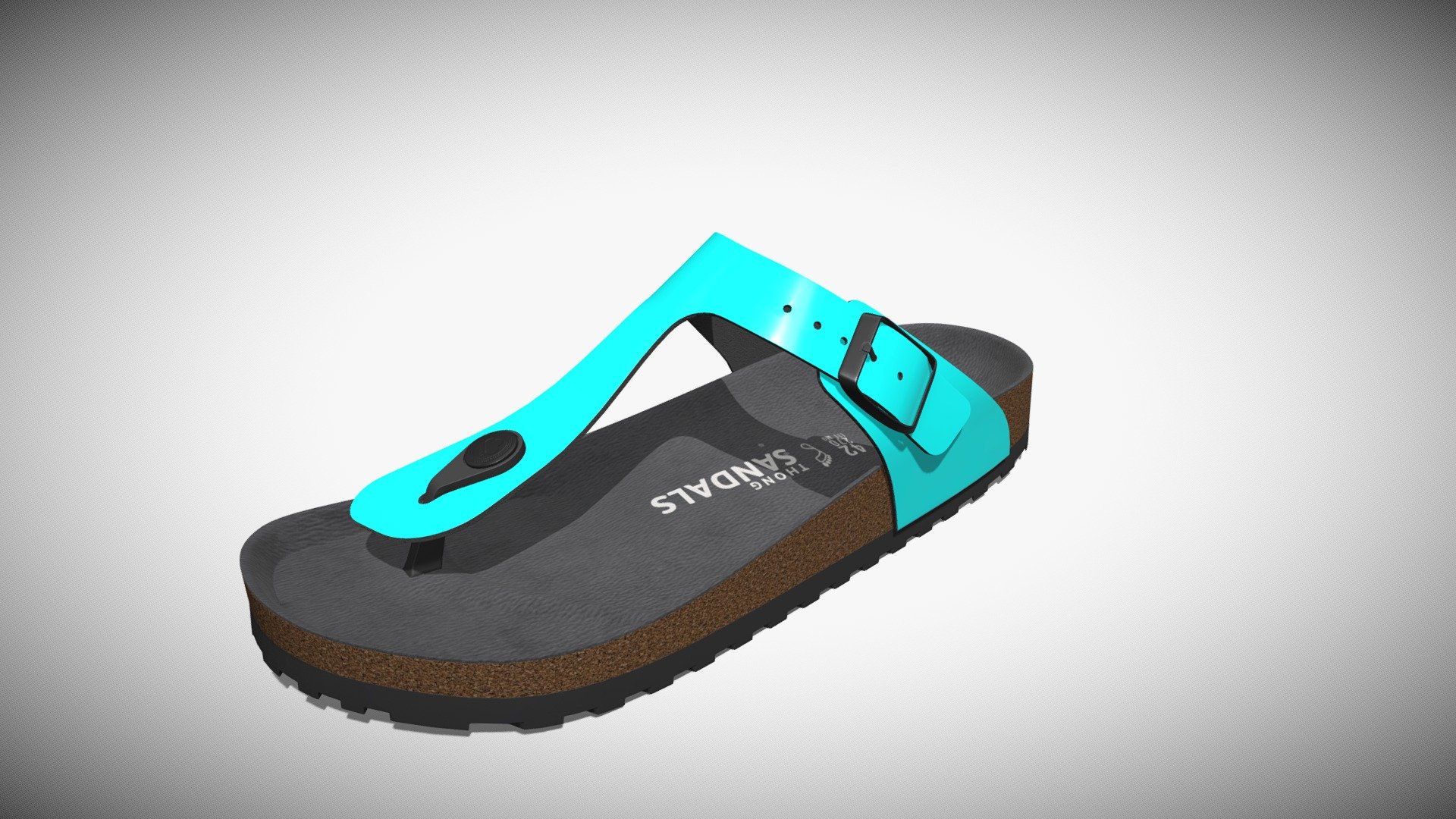 Detailed 3D model of a pair of cyan patent leather thong sandals, modeled in Cinema 4D. The model was created using approximate real world dimensions.

The model has 54,104 polys and 54,150 vertices.

An additional file has been provided containing the original Cinema 4D project file with both standard and v-ray materials, textures and other 3d format such as 3ds, fbx and obj. These files contain both the left and right pair of the shoes 3d model