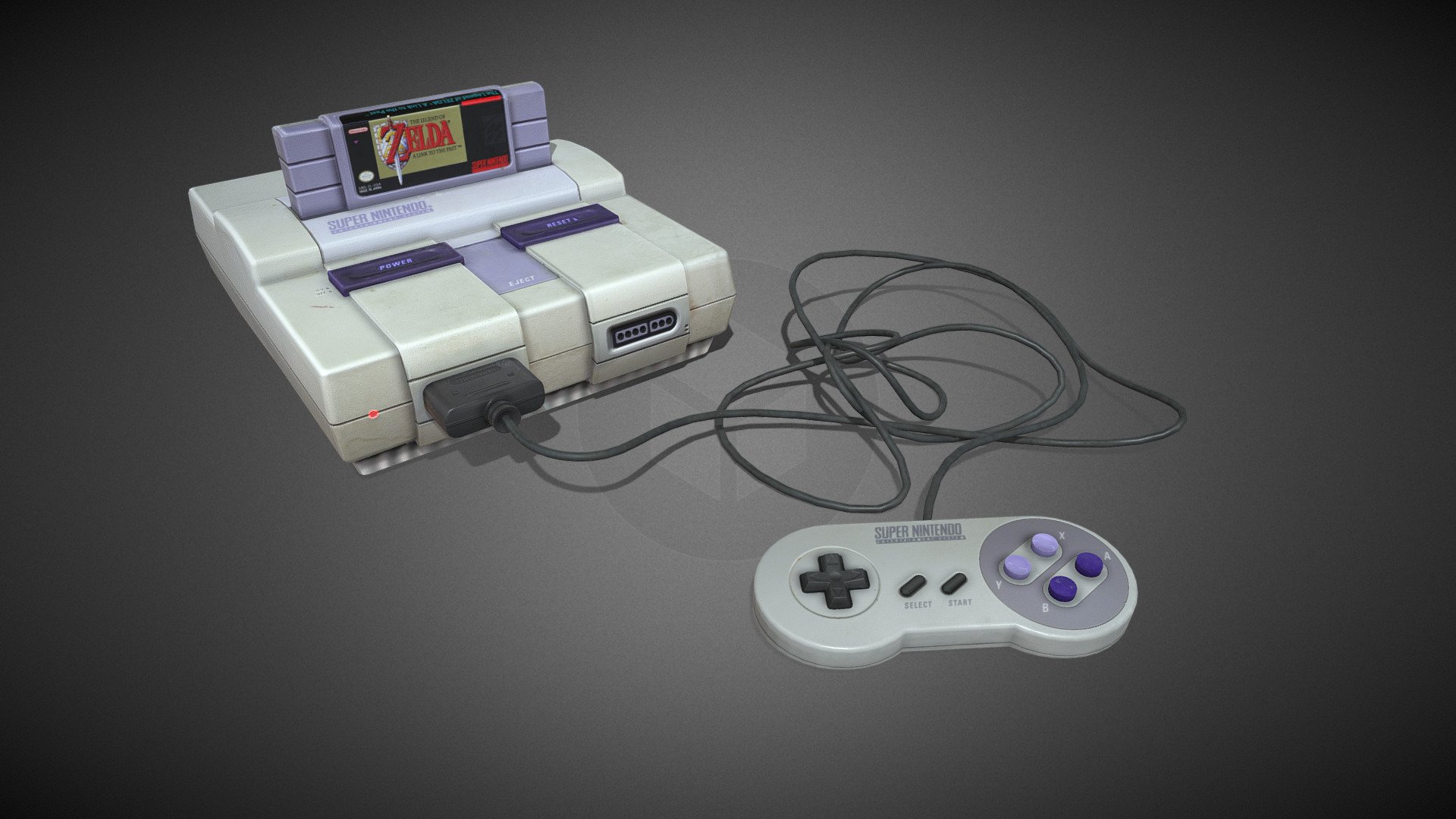 Original Super Nintendo console with controller.The game inserted in is Zelda: A Link to the Past, one of the best games ever made. It's one of the games I played as a kid that inspired me to go into game development. Created using photogrammetry to capture the shape and texture. Model cleaned up and made game ready in Maya and material fixed in Substance Painter &amp; Photoshop - Super Nintendo w/ Zelda Cartridge - 3D model by Polygarden 3d model