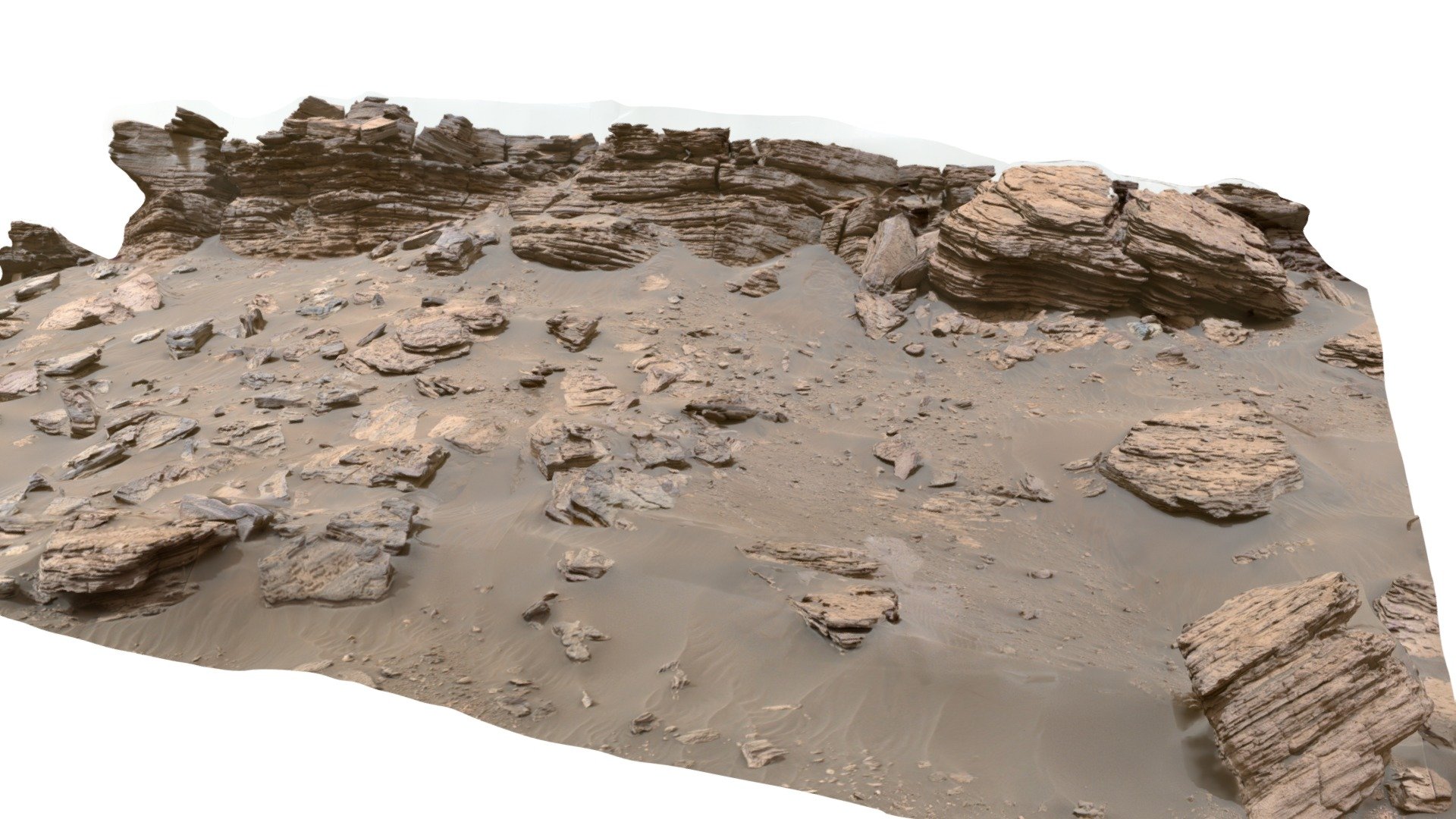 Model of the Sol 466 Rocky Top near the Hogwallow Flats area. This model is made from high-resolution images taken on Sols 459-470 with the Mastcam-Zs, Navcams, and Hazcams on the Perseverance Rover. The scalebar is 10 meters long, 1m wide, and points North. The colors are enhanced and gamma-corrected to show contrast. Credits: NASA/JPL/MSSS/ASU/Cornell - M2020 ZCAM --  Rocky Top, Sol 466 - Download Free 3D model by Mastcam-Z 3d model