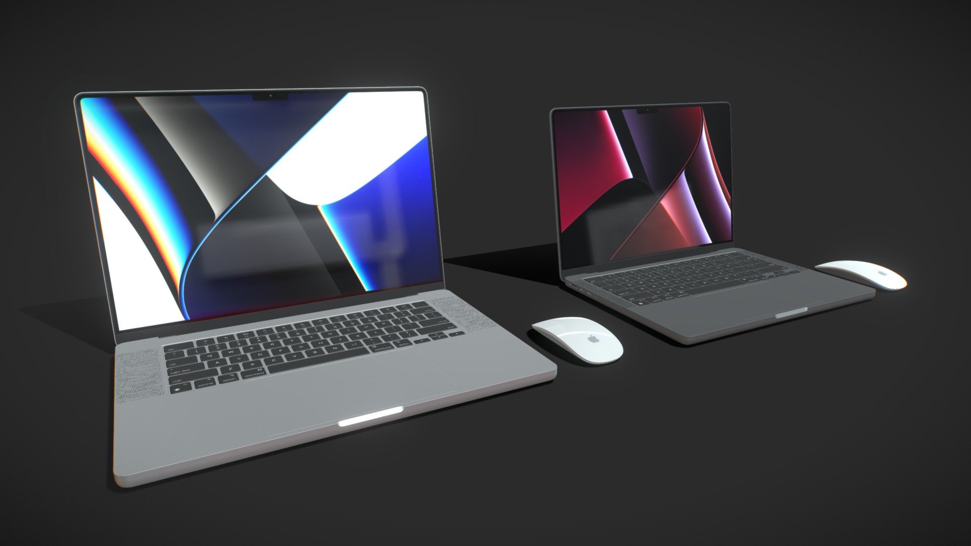Realistic (copy) 3d model Apple MacBook Pro 14-inch and 16-inch 2021.

This set:
- 2 file obj standard
- 2 file 3ds Max 2013 vray material (animation)
- 2 file 3ds Max 2013 corona material (animation)
- 2 file 3ds Max 2013 standard material (animation)
- 2 file of 3Ds
- 2 file e3d full set of materials.
- 2 file cinema 4d standard (animation).
- 2 file blender cycles.

Topology of geometry:
- forms and proportions of The 3D model
- the geometry of the model was created very neatly
- there are no many-sided polygons
- detailed enough for close-up renders
- the model optimized for turbosmooth modifier
- Not collapsed the turbosmooth modified
- apply the Smooth modifier with a parameter to get the desired level of detail

Materials and Textures:
- 3ds max files included Vray-Shaders
- 3ds max files included Corona-Shaders
- 3ds max files included Standard-Shaders
- Blender files included cycles shaders
- Cinema 4d files included Standard-Shaders
- Element 3d files
- all texture paths are cleared - Apple MacBook Pro 14-inch and 16-inch 2021 - Buy Royalty Free 3D model by madMIX 3d model