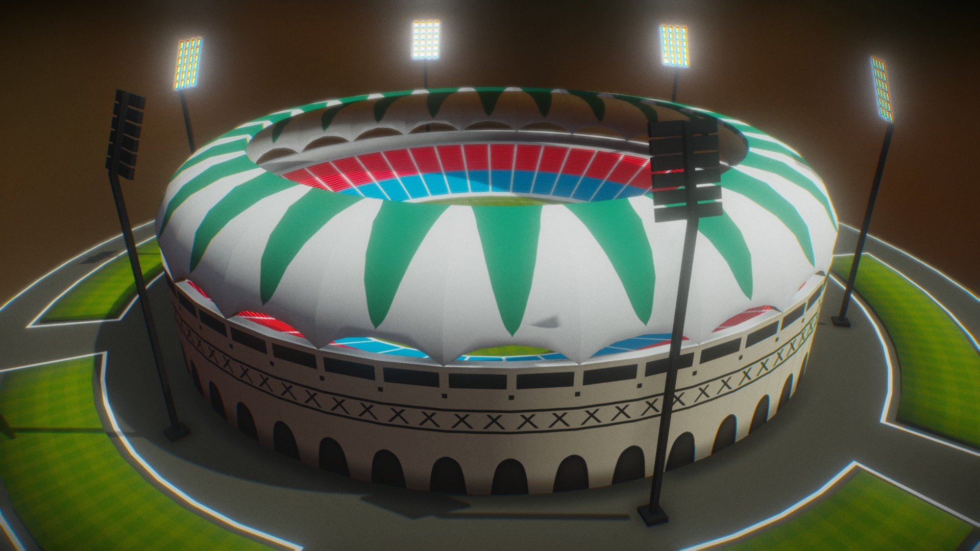 Very Low poly 4K Triangles 50,000-seater International cricket stadium with good UV and efficient use of baked texture.

This model is perfect for game development, VR, Metaverse, Webgl and Rendering.

Texture can be compressed down to less than 50kb while still looking good with a resolution of 512x512 (use irfanview) due to efficient overlapping UVs.

Ekana Stadium is located at Lucknow, India.
 - Ekana Stadium Low Poly Lucknow City game asset - Buy Royalty Free 3D model by Shayan (@mshayan02) 3d model