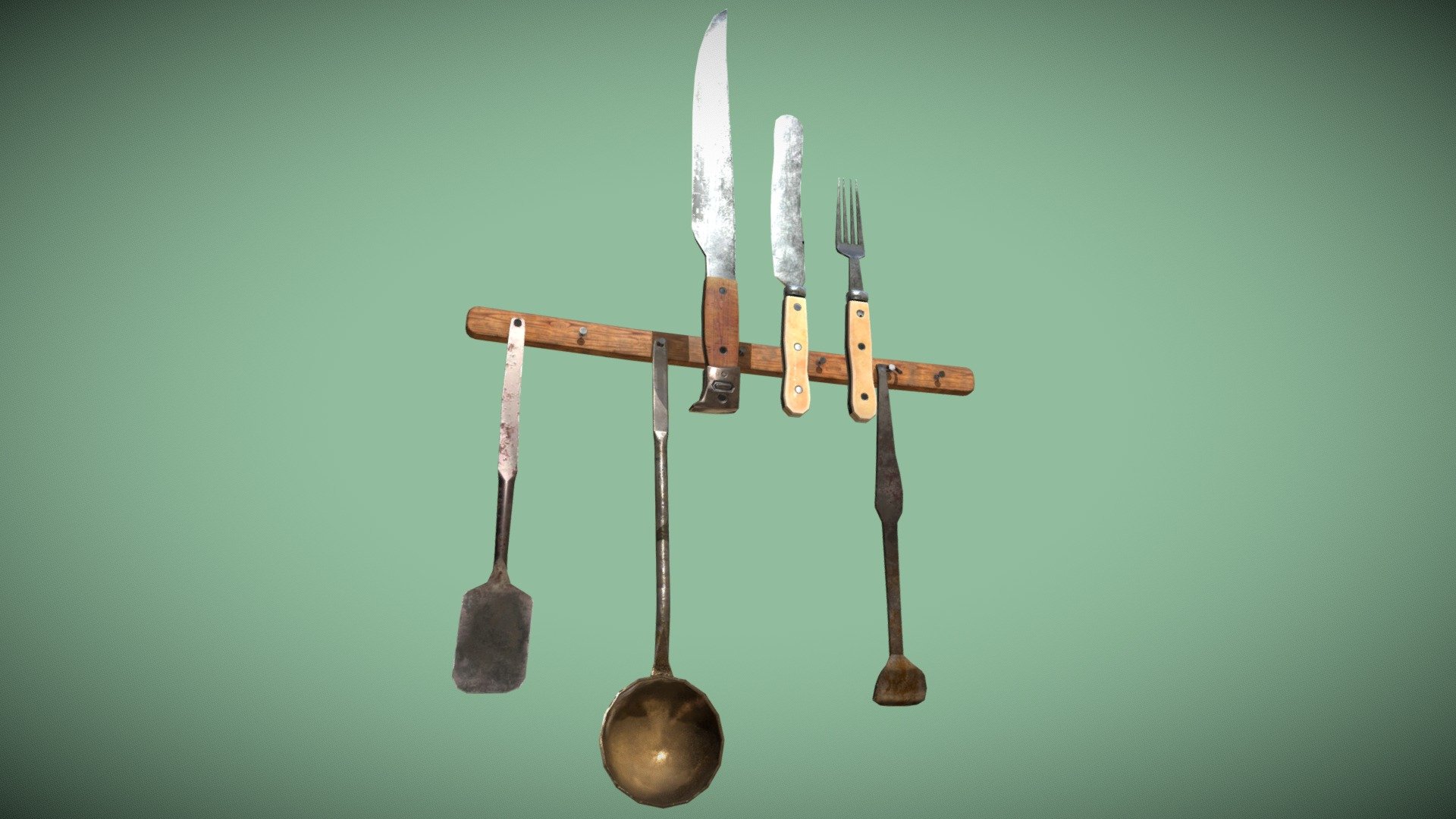 A very old cutlery holder, with 3 cutlery to hang, two more knives and a fork. The two knives and the fork are not for hanging, but for putting on a table, not the hand of a character and so on. The textures are in PBR size 512. In an additional download are the models all separately and in various formats, fbx obj dae 3d model