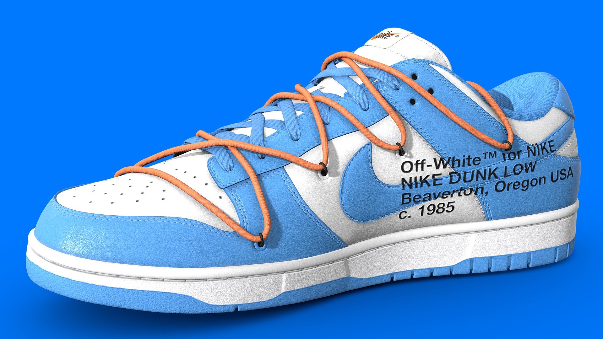 Off White collaboration with Nike on a Dunk low in University Blue, made in Blender, textured in Substance. An unreleased pair of Off white Dunks, this colourway is inspired by a sample. 

Every detail was made in the recreation of this shoe, from the text on the medial side of the shoe to the subtlety of each material, nothing went overlooked. The model itself is subdivision ready and consists of four texture sets. The model on display is at Subdivision level 1 and each texture is at 4096x4096 resolution

Download File Contents:
1. Native Blender file with linked textures
2. Folder containing all textures in 4096x4096 png format. 
3. FBX and OBJ versions of the shoes - Off White x Nike Dunk University Blue Shoe - Buy Royalty Free 3D model by Joe-Wall (@joewall) 3d model