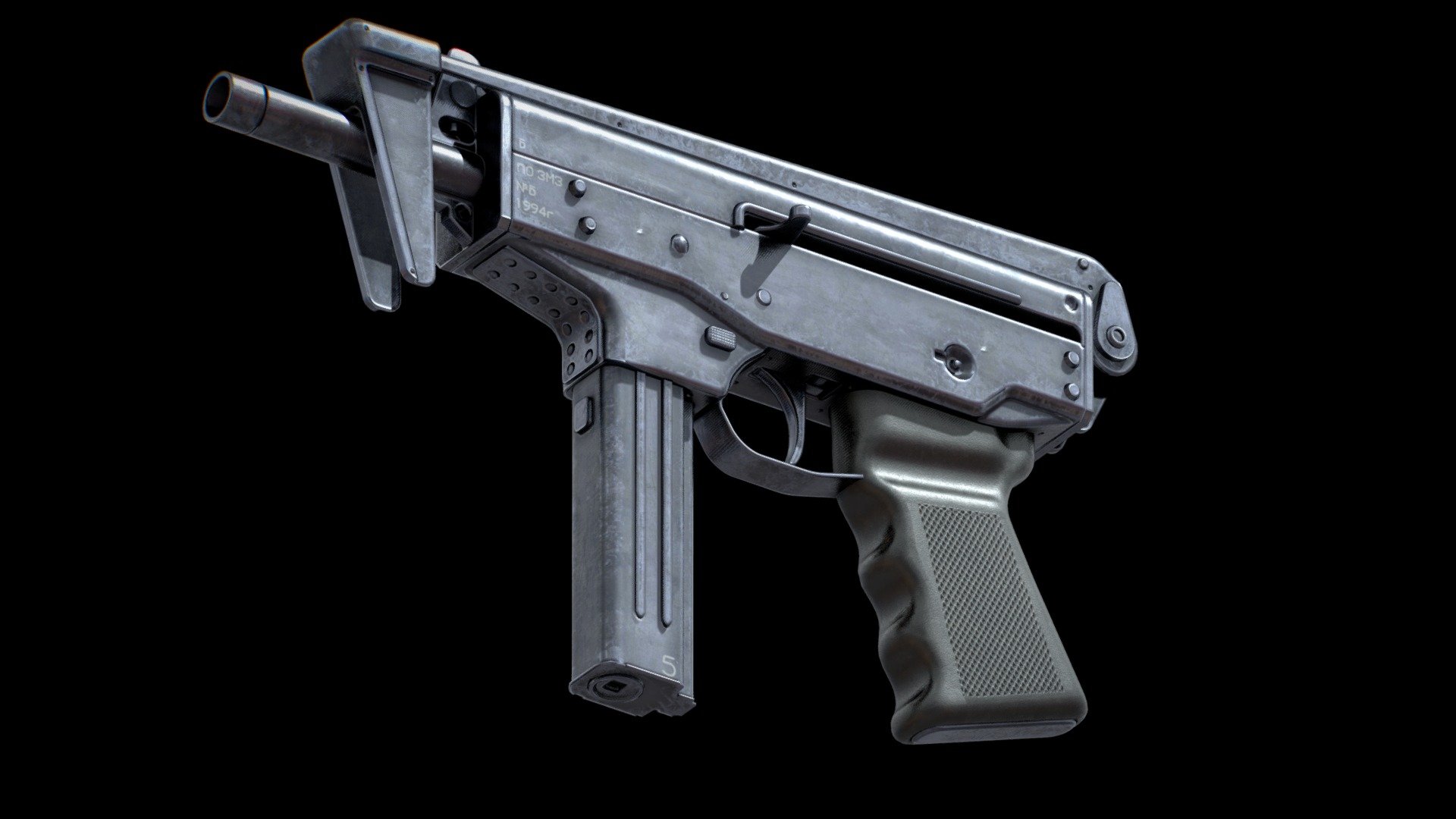 Some history:



The PP-91 KEDR is a 9x18mm machine pistol developed from a prototype from the 1970s and since 1994 adopted by the Russian Ministry of Internal Affairs.

Used by Politsia and OMON since 1994 and still in use today 3d model