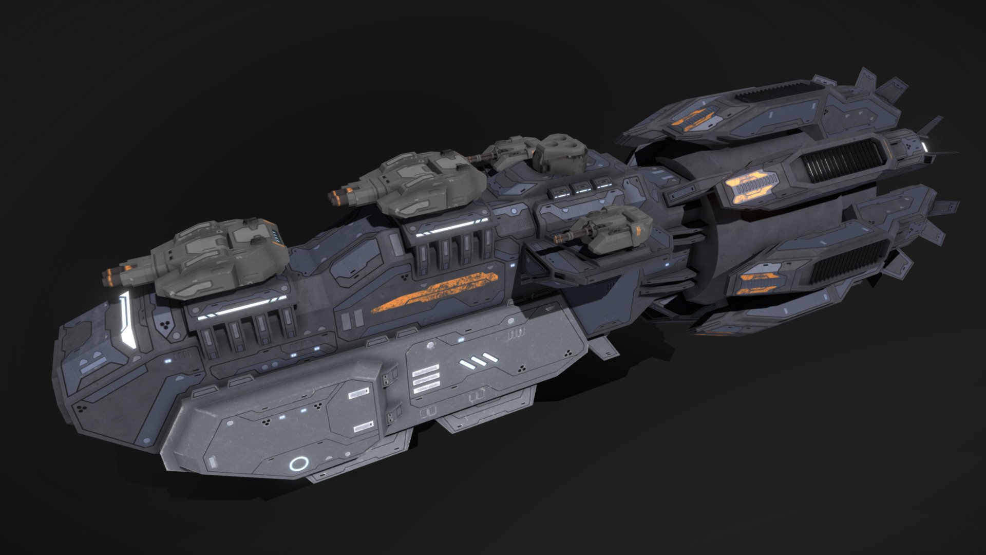 This is a model of a low-poly and game-ready scifi spaceship. 

The weapons are separate meshes and can be animated with a keyframe animation tool. The weapon loadout can be changed as well.

The model comes with several differently colored texture sets. The PSD file with intact layers is included too.

Please note: The textures in the Sketchfab viewer have a reduced resolution to improve Sketchfab loading speed.

If you have bought this model please make sure to download the “additional file”.  It contains FBX and OBJ meshes, full resolution textures and the source PSDs with intact layers. The meshes are separate and can be animated (e.g. firing animations for gun barrels, rotating turrets, etc) 3d model