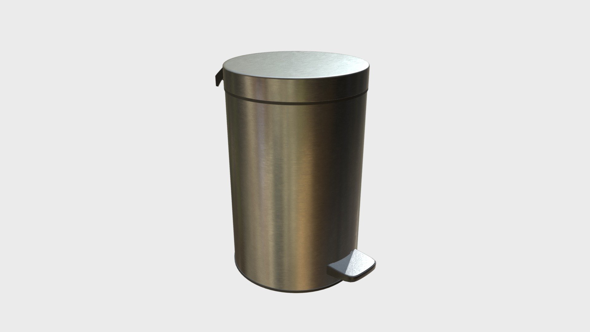 === The following description refers to the additional ZIP package provided with this model ===

Small trash bin 3D Model. 4 individual objects (container, lid, bar, pedal), NOT RIGGED, sharing the same non overlapping UV Layout map, Material and PBR Textures set. Production-ready 3D Model, with PBR materials, textures, non overlapping UV Layout map provided in the package.

Quads only geometries (no tris/ngons).

Formats included: FBX, OBJ; scenes: BLEND (with Cycles / Eevee PBR Materials and Textures); other: 16-bit PNGs with Alpha.

4 Objects (meshes), 1 PBR Material, UV unwrapped (non overlapping UV Layout map provided in the package); UV-mapped Textures.

UV Layout maps and Image Textures resolutions: 2048x2048; PBR Textures made with Substance Painter.

Polygonal, QUADS ONLY (no tris/ngons); 11254 vertices, 11220 quad faces (22440 tris).

Real world dimensions; scene scale units: cm in Blender 3.6.1 LTS (that is: Metric with 0.01 scale).

Uniform scale object (scale applied in Blender 3.6.1 LTS) 3d model