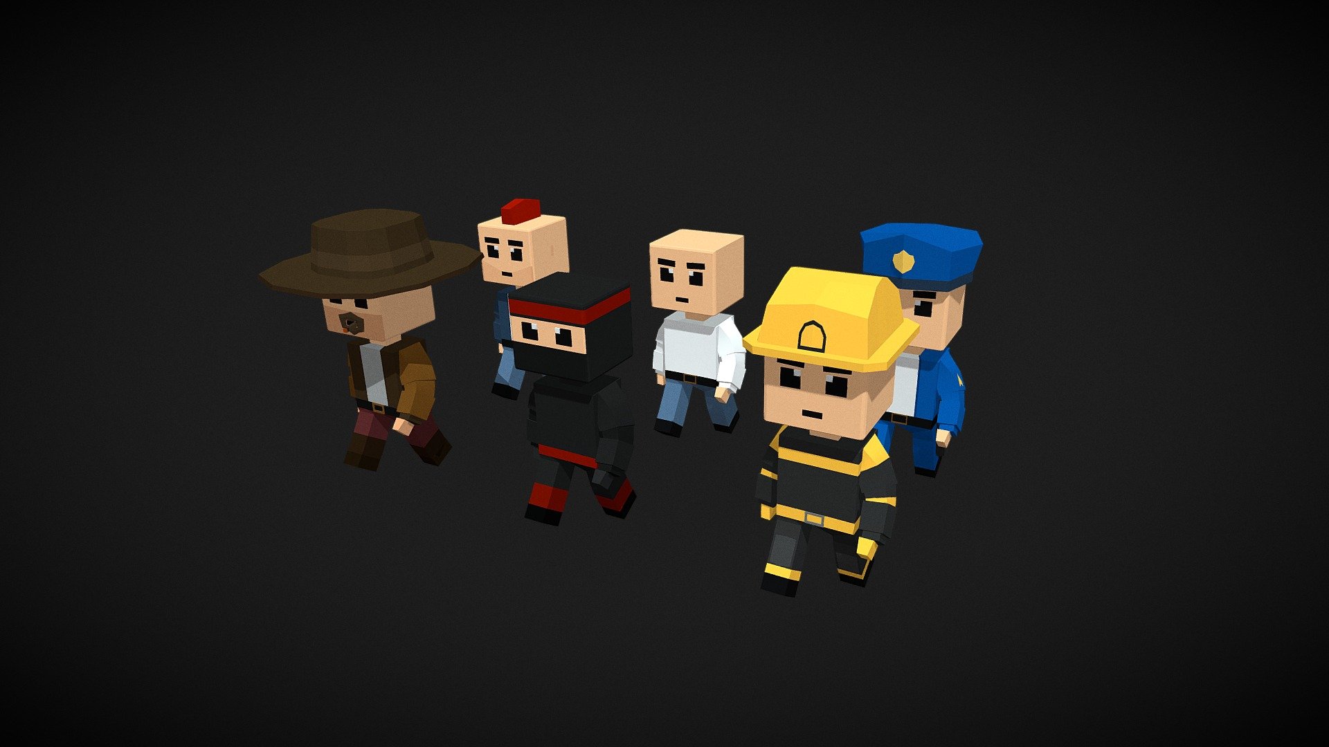 Rigged Low Poly Character Set
Animation Preview

Characters:




Punker

Officer

Firefighter

Cowboy

Ninja

Animations:




Idle

Walk

Run

Note




Easy to animate

One Skeletal for all Characters

Created in Blender
 - Rigged Character Set +3 Animations - Buy Royalty Free 3D model by xError1337 (@Error1337) 3d model
