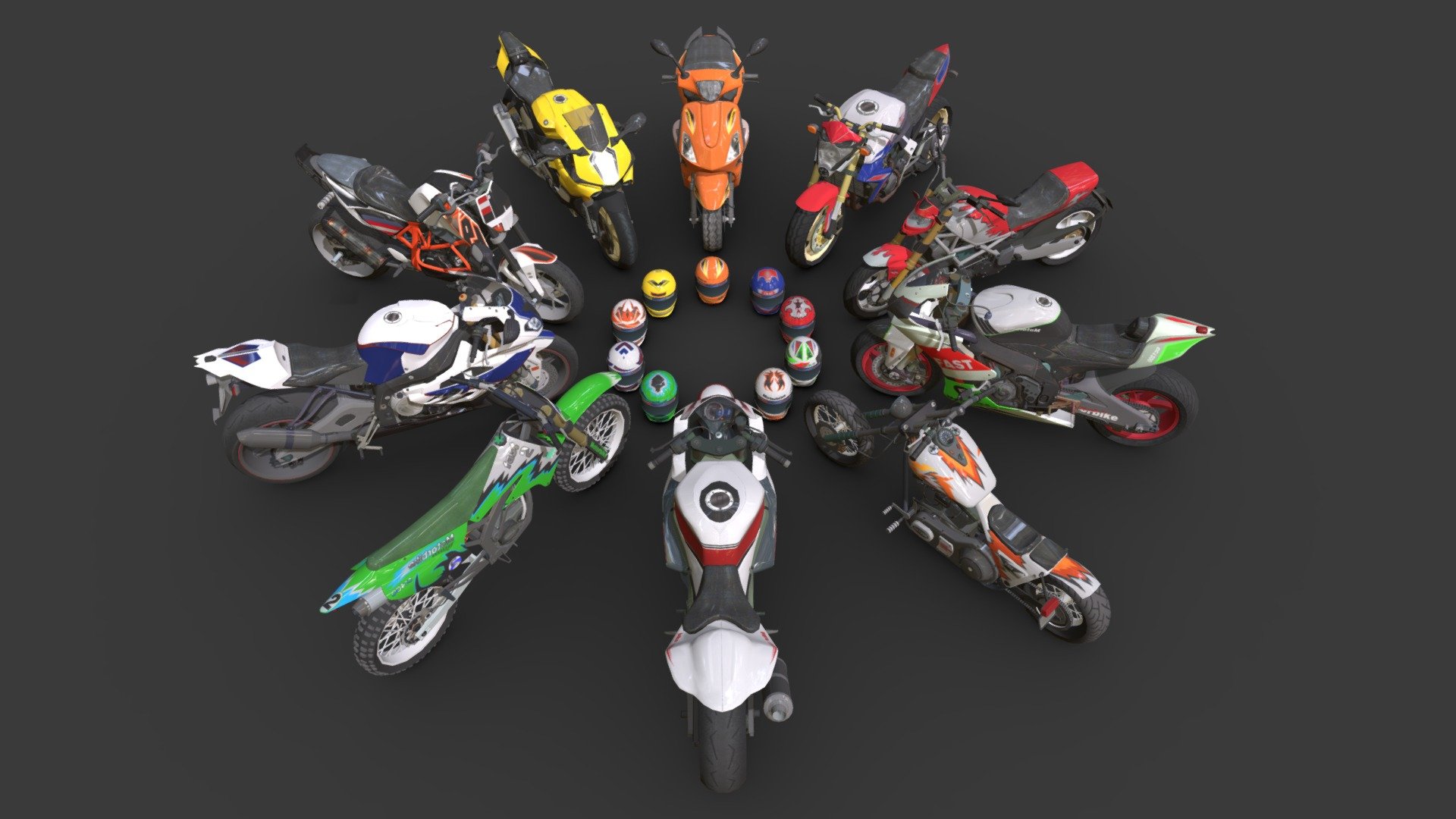 This pack includes 10 motorbikes you can use all of these motorbikes in your games .. It all supports your mobile games

Features:



Average poly count: 30k tris.



Textures size : 1024 * 1024 (jpg)



Textures High Quality



Motorbikes have separate parts (wheels,steer&hellip;)



Every motorbike have helmet


 - Motor Bik Pack - Buy Royalty Free 3D model by Sidra (@sajadrabiee.1994) 3d model