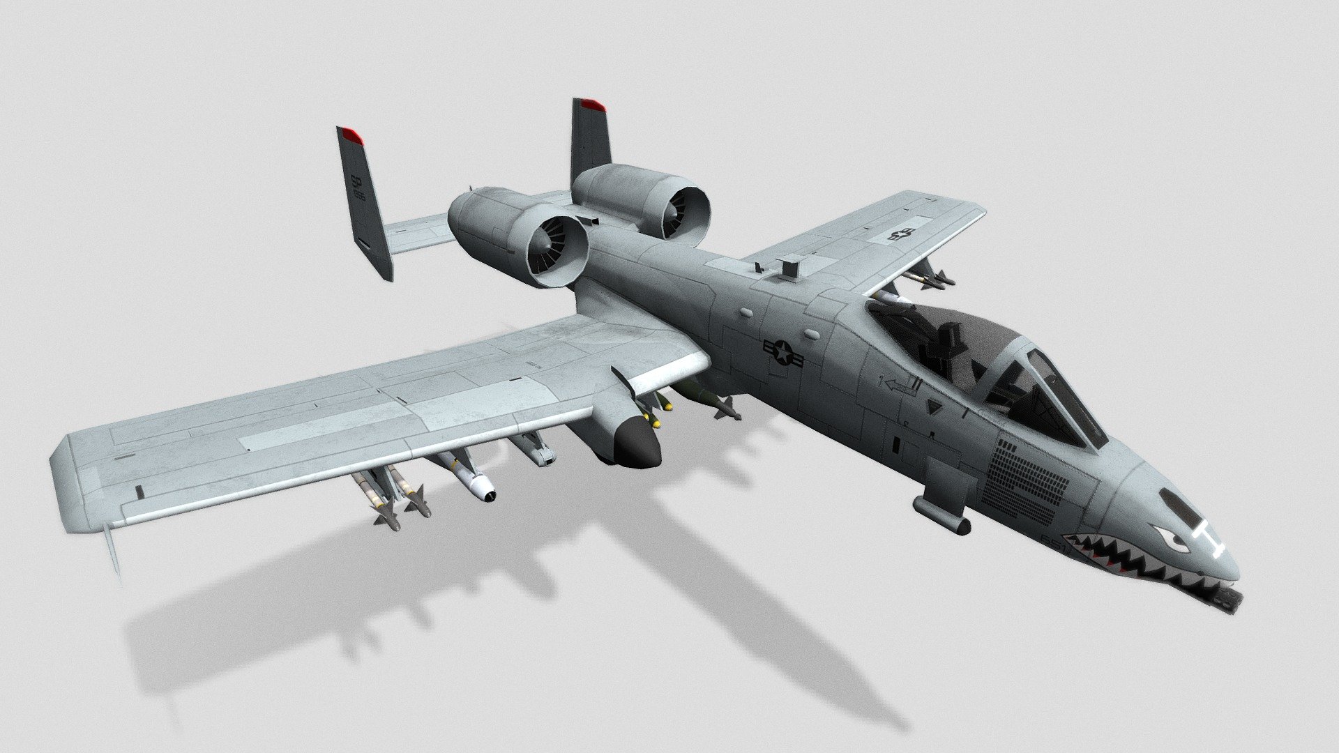 This is the textured version of an A-10 Warthog I've been working on in Blender! The model comes with four different types of bombs and missiles that can be setup in many payload variations. Fully rigged version coming soon!!

The .blend file is available for download on my Patreon: patreon.com/JacobDesigns - A-10 Thunderbolt II - 3D model by Jacobdesigns 3d model