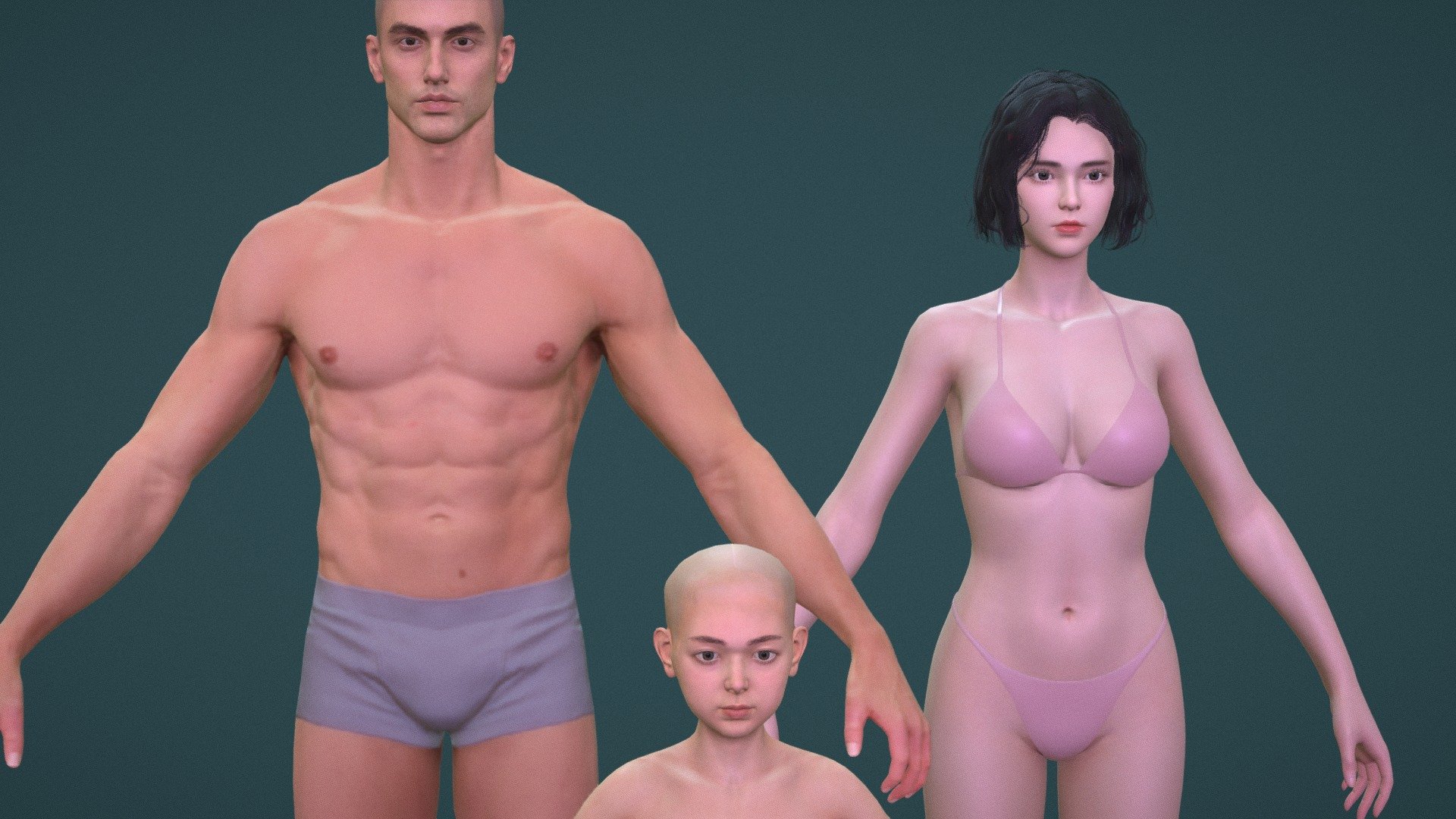 Realistic 3 characters man woman Game Assets

Model Includes:
-maya(2019)
-FBX exported from maya
-dea files
-obj files

Textures Includes:
Body texture：4096*4096 contains：dIffuse specular gloss and Normal map PBR pipeline .

head texture：4096*4096 contains：dIffuse specular gloss and Normal map PBR pipeline .

Eye textures:512*512 contains：dIffuse  Normal map Height PBR pipeline .

Brows textures:512*512  dIffuse opcity map

Eyelash:512*512  dIffuse opcity map

Hope you like my like,cheers~

Highpoly version:
https://sketchfab.com/3d-models/realistic-3-characters-man-woman-child-highpoly-0c51abd24b4342c292e891730a907459 - Realistic 3 characters man woman Game Assets - Buy Royalty Free 3D model by Vincent Page (@vincentpage) 3d model