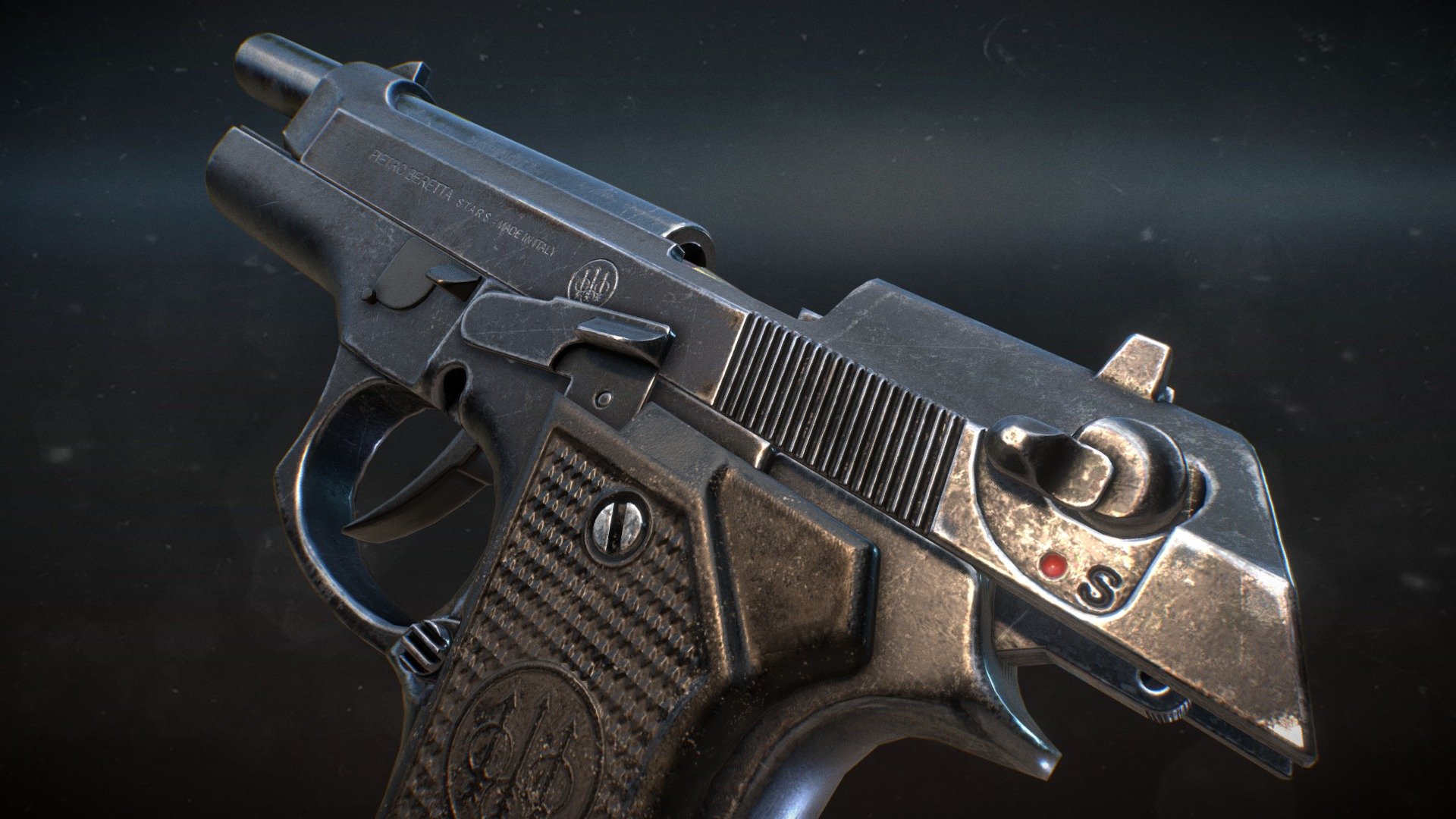 Main
Beretta 92f
VR game ready mesh and textures. 
High resolution textures out of Substance Painter.

Texture
PBR 4k textures in .tga format.
Unreal Metalness: BaseColor, Normal, Occl/Rough/Metal 
Unity Metallic: Albedo/Transp, Normal, Metallic/Smooth

Mesh
Mesh has 11.402 tris and is ready for rigging and import.
.ma/.fbx/.obj

General Information
This weapon is best used for VR experience due to it´s high details.
All parts which can move are seperate and ready for rigging and import. 
The whole Beretta is using one texture set including the shell/bullet ammunition.

Naming convention
Mesh: WeaponName_PartName_Number/Low
Material: M_WeaponName
Textures: WeaponName_Type - Beretta 92 / VR ready - 3D model by trigon-art.com (@iammalte) 3d model