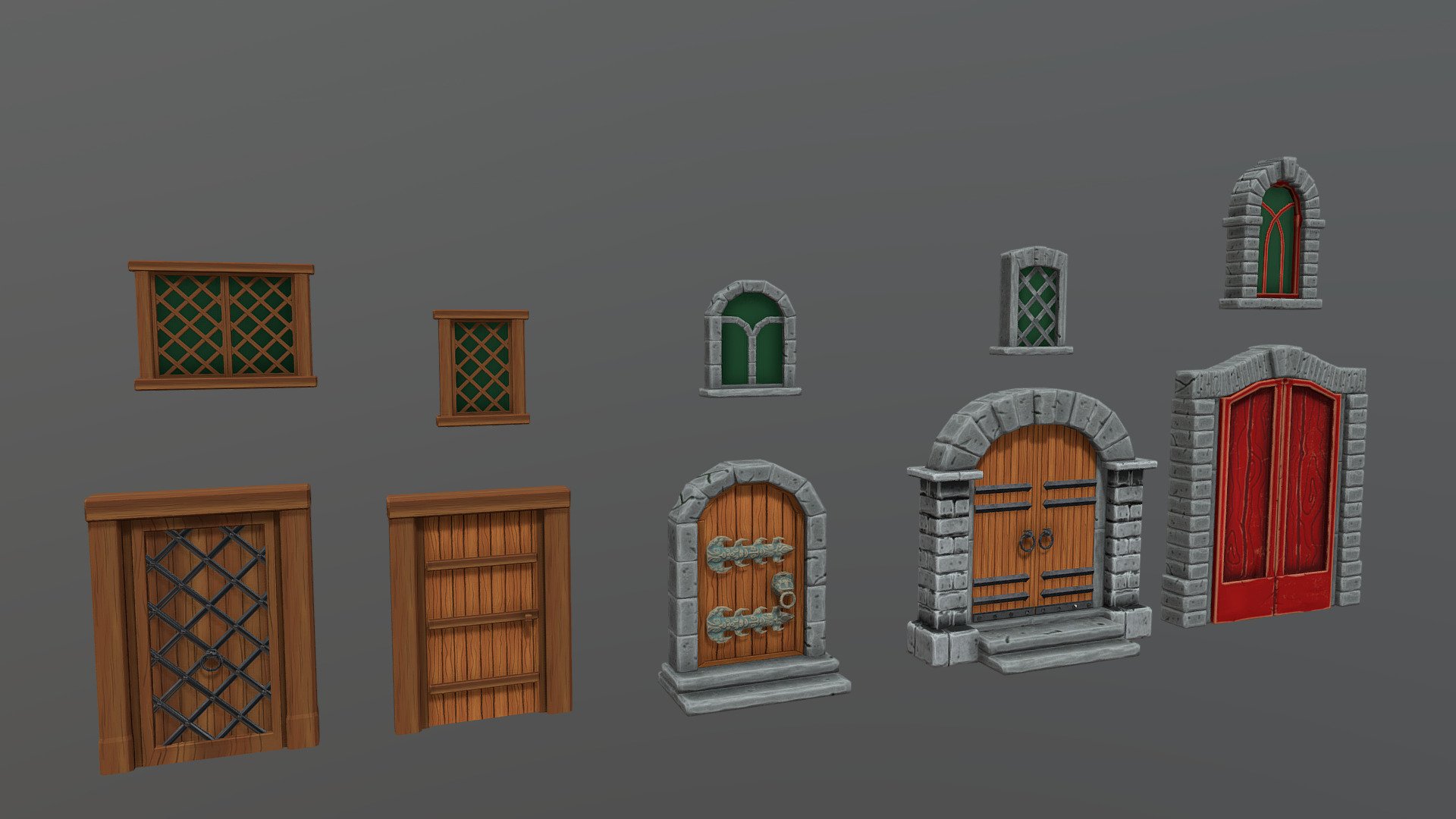 Game, AR and VR ready low poly stylized asset. Hand-painted PBR textures. 
All textures are 4K TGA and PNG files



In additional archive file you will find .blend .obj and .fbx files where meshes set up ready for import in game engine with pivots in the center of the world. 


All doors have thickness geometry and can be opened and animated by pivot rotation 3d model