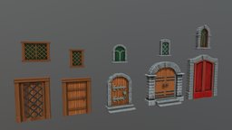 Stylized Medieval Doors and Windows Asset Pack room, gate, cat, rpg, wooden, cute, set, exterior, medieval, pack, ready, window, vr, ar, architecture, asset, game, lowpoly, low, poly, stylized, interior, door, noai