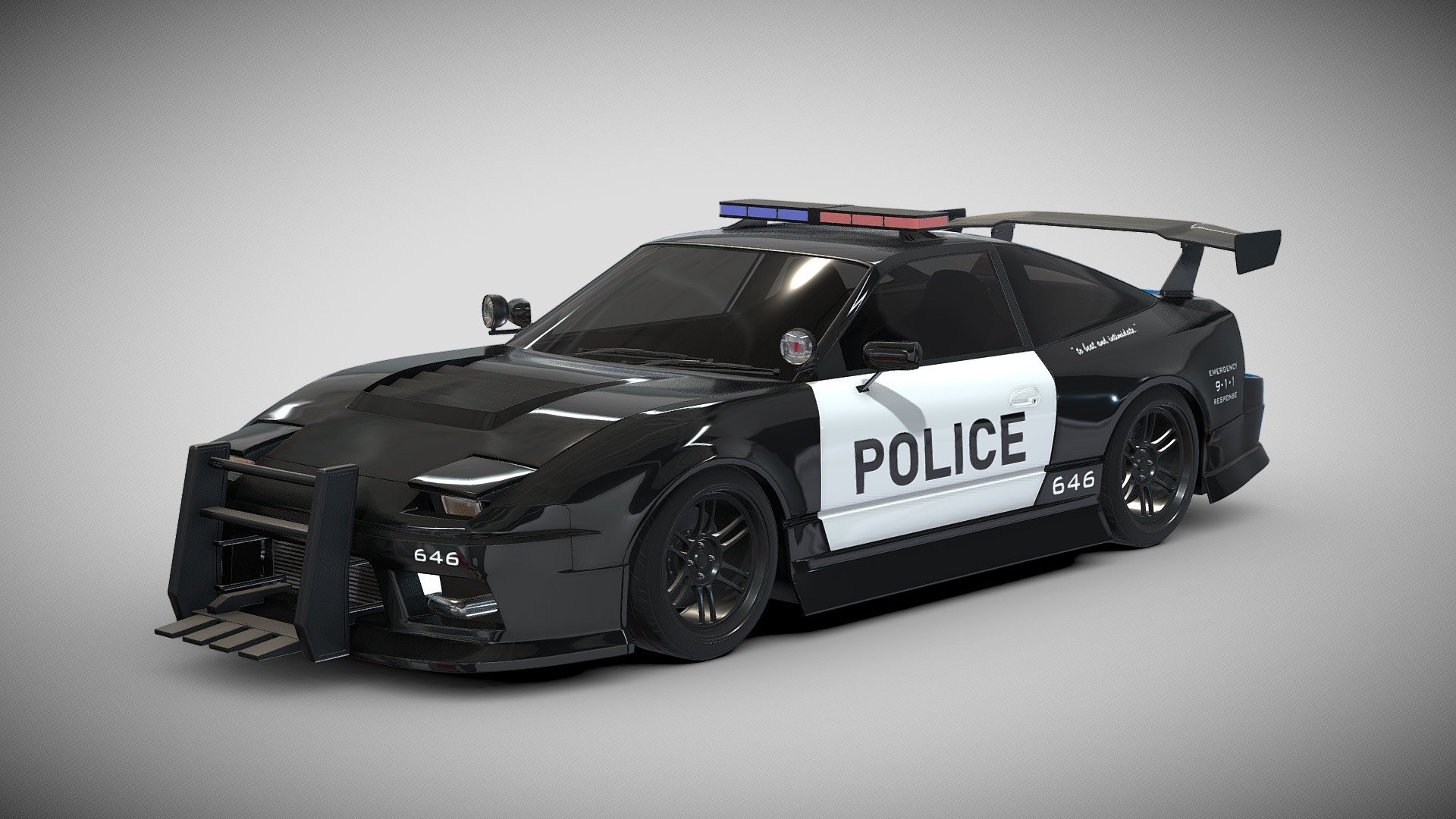 This is 3D model of Nissan 180SX with police attribute that i has made in Blender

I made this inspired by the Nissan Silvia S13 car which was given police attributes belonging to a drifter from Japan which was used in the Doridore 2019 drifting event in Japan.

And also I was inspired by the Ford Mustang police car in the Transformers movie called Barricade.

So from that I tried to make something unique by combining cars that are usually used for drifting, then the car was given police attributes like those in the real world.

Pop-up lamp available

 - Nissan 180SX Police Car - Buy Royalty Free 3D model by Naudaff3D 3d model