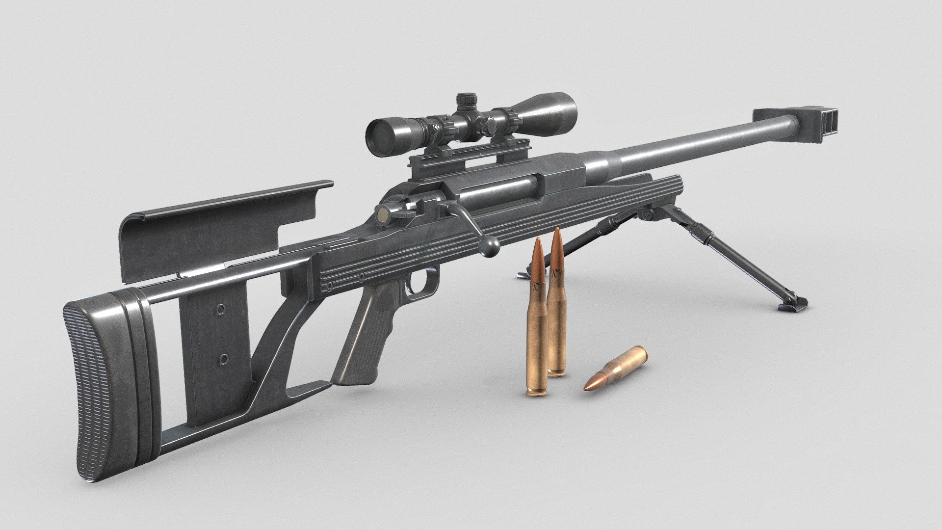 The ArmaLite AR-50 is a .50 BMG, single-shot, bolt-action anti-materiel precision rifle manufactured by ArmaLite.
The AR-50 rifle utilizes its weight and a large, fluted muzzle brake to reduce recoil. The AR-50 weighs approximately 34 pounds and is a single-shot bolt-action rifle. The barrel is thick and rigid, to prevent it from flexing. All AR-50 barrels use 1:15 right hand rifling.
The receiver features Armalite's octagonal design, which strengthens the receiver against flexing. The receiver is bedded to the V-shaped stock, whilst the barrel is free-floated above the forend. The three piece AR-50 stock is constructed from aluminum and features an extruded forend, as well as a skeleton butt stock with a removable and vertically adjustable butt plate 3d model