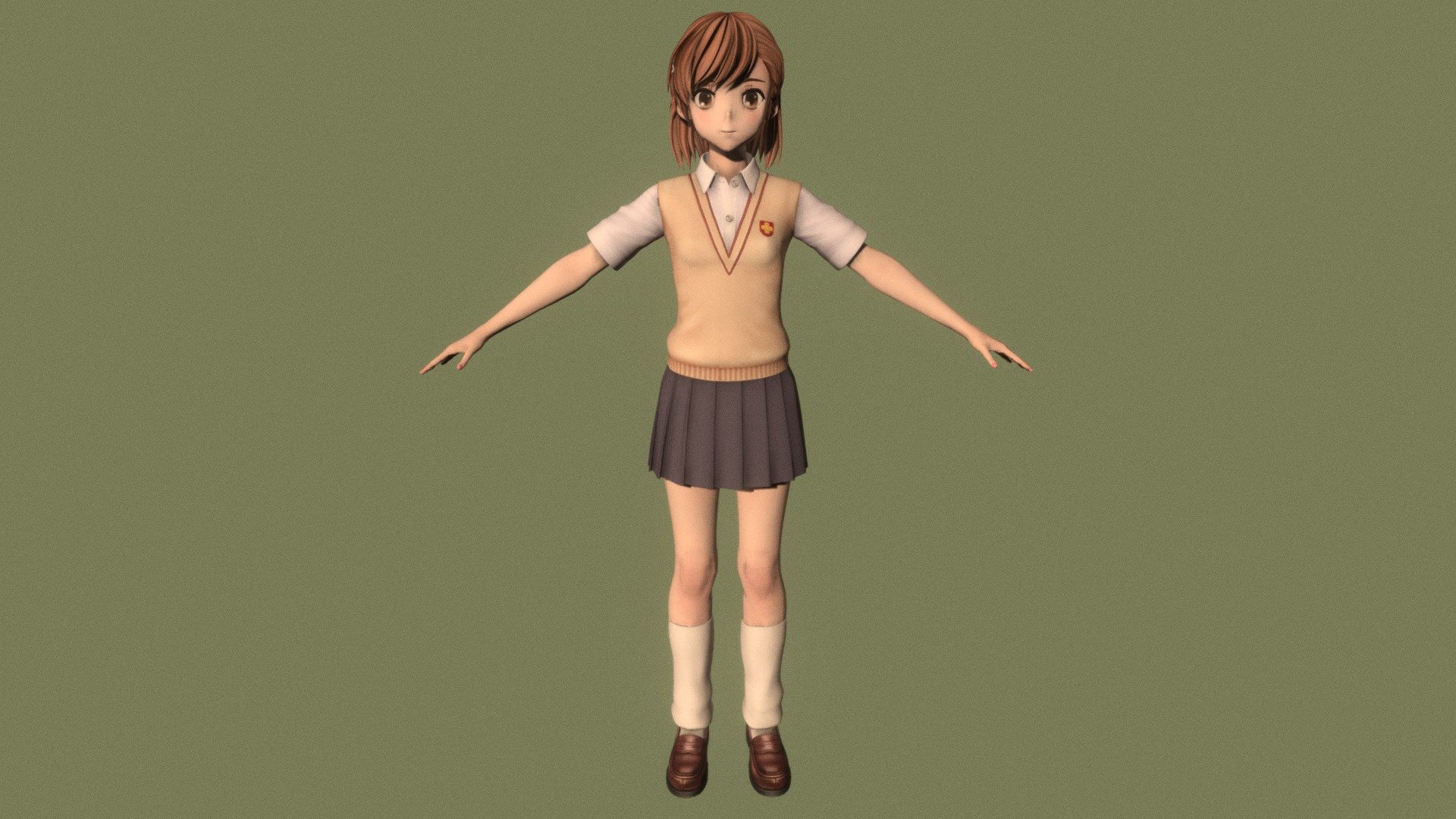 T-pose rigged model of anime girl Misaka Mikoto (A Certain Scientific Railgun).

Body and clothings are rigged and skinned by 3ds Max CAT system.

Eye direction and facial animation controlled by Morpher modifier / Shape Keys / Blendshape.

This product include .FBX (ver. 7200) and .MAX (ver. 2010) files.

3ds Max version is turbosmoothed to give a high quality render (as you can see here).

Original main body mesh have ~7.000 polys.

This 3D model may need some tweaking to adapt the rig system to games engine and other platforms.

I support convert model to various file formats (the rig data will be lost in this process): 3DS; AI; ASE; DAE; DWF; DWG; DXF; FLT; HTR; IGS; M3G; MQO; OBJ; SAT; STL; W3D; WRL; X.

You can buy all of my models in one pack to save cost: https://sketchfab.com/3d-models/all-of-my-anime-girls-c5a56156994e4193b9e8fa21a3b8360b

And I can make commission models.

If you have any questions, please leave a comment or contact me via my email 3d.eden.project@gmail.com 3d model