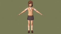 T pose rigged model of Misaka Mikoto teenage, dress, teen, uniform, woman, misaka, schoolgirl, shortpants, anime-girl, pajamas, misaka-mikoto, a-certain-scientific-railgun, a-certain-magical-index, girl, female, anime, rigged, pleated-skirt