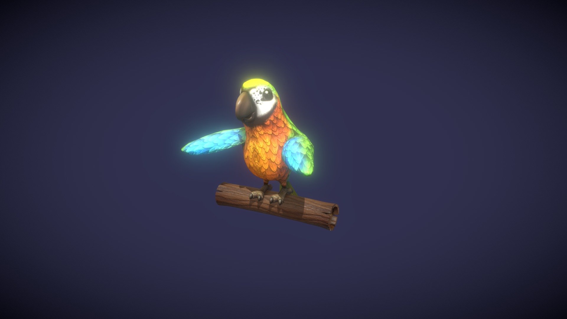 Cartoon Ara Parrot Blue-Yellow-Green Animated 3D Model is completely ready to be used in your games, animations, films, designs etc.  

All textures and materials are included and mapped in every format. The model is completely ready for visualization in any 3d software and engine.  

Technical details:  


File formats included in the package are: FBX, OBJ, GLB, ABC, DAE, PLY, STL, BLEND, gLTF (generated), USDZ (generated)
Native software file format: BLEND
Render engine: Eevee
Parrot - Polygons: 4,275, Vertices: 3,983
Branch - Polygons: 268, Vertices: 250
Textures: Color, Metallic, Roughness, Normal, AO
All textures are 2k resolution.
The model is rigged and animated.
7 animations are included: idle, talk, walk, take off, fly, glide, land. All animations (besides the take off and the landing) are full cycles.
Only following formats contain rig and animation: BLEND, FBX, GLTF/GLB
 - Cartoon Ara Parrot Blue-Yellow-Green Animated 3D - Buy Royalty Free 3D model by 3DDisco 3d model