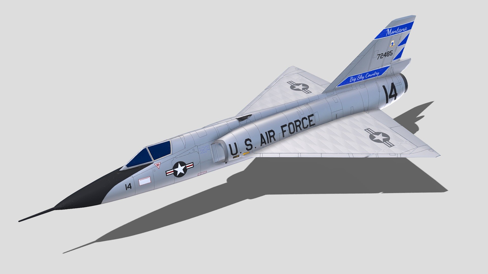 The Convair F-106A Delta Dart was the last purpose-built all weather interceptor aircraft to serve with the United States Air Force, and still holds the record for the fastest single engine jet aircraft, reaching a speed of Mach 2.3.
For it's time, a very futuristic aircraft, it features many systems including internal weapons bays, IRST, Datalink, and was one of the most maneuverable aircraft of the era due to a sophisticated fuel transfer system allowing for optimal center of gravity.
This is a model I originally intended to make into a playable VTOL VR aircraft, but have currently stopped work on due to personal reasons. While the texture is one of my more detailed, it is also mirrored, which I don't like. Definitely the last time I'm making that mistake 3d model