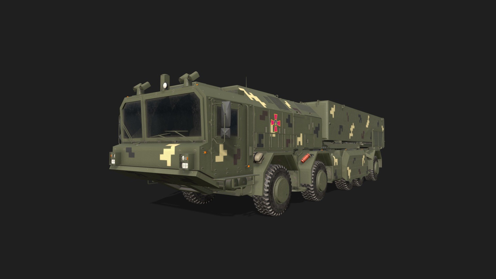 Sapsan (export name Grim-2) is new ukrainian missile system so there were very few images of this new weapon and no any technical drawings possible to find yet. I did my best to create 3d model as accurate as possible to real missile system.

Real world object based materials. Real measures. Model is built to real-world scale.




Height: 3.02 m;

Legth: 12.8 m;

Width: 2.94 m.

Mesh details:




Tris: 162826;

Vertices: 87558.


Textures: PBR textures of metal/rough contains texture set 4096x4096 (Basecolor, Normal, Metallic, Roughness, AO)




4096x4096 for Cabin



4096x4096 for Chassis

4096x4096 for Frame

4096x4096 for Launcher

2048x2048 for Wheels
 - Sapsan Grim-2 Ukrainian military missile system - 3D model by On3_Danq_Boi 3d model