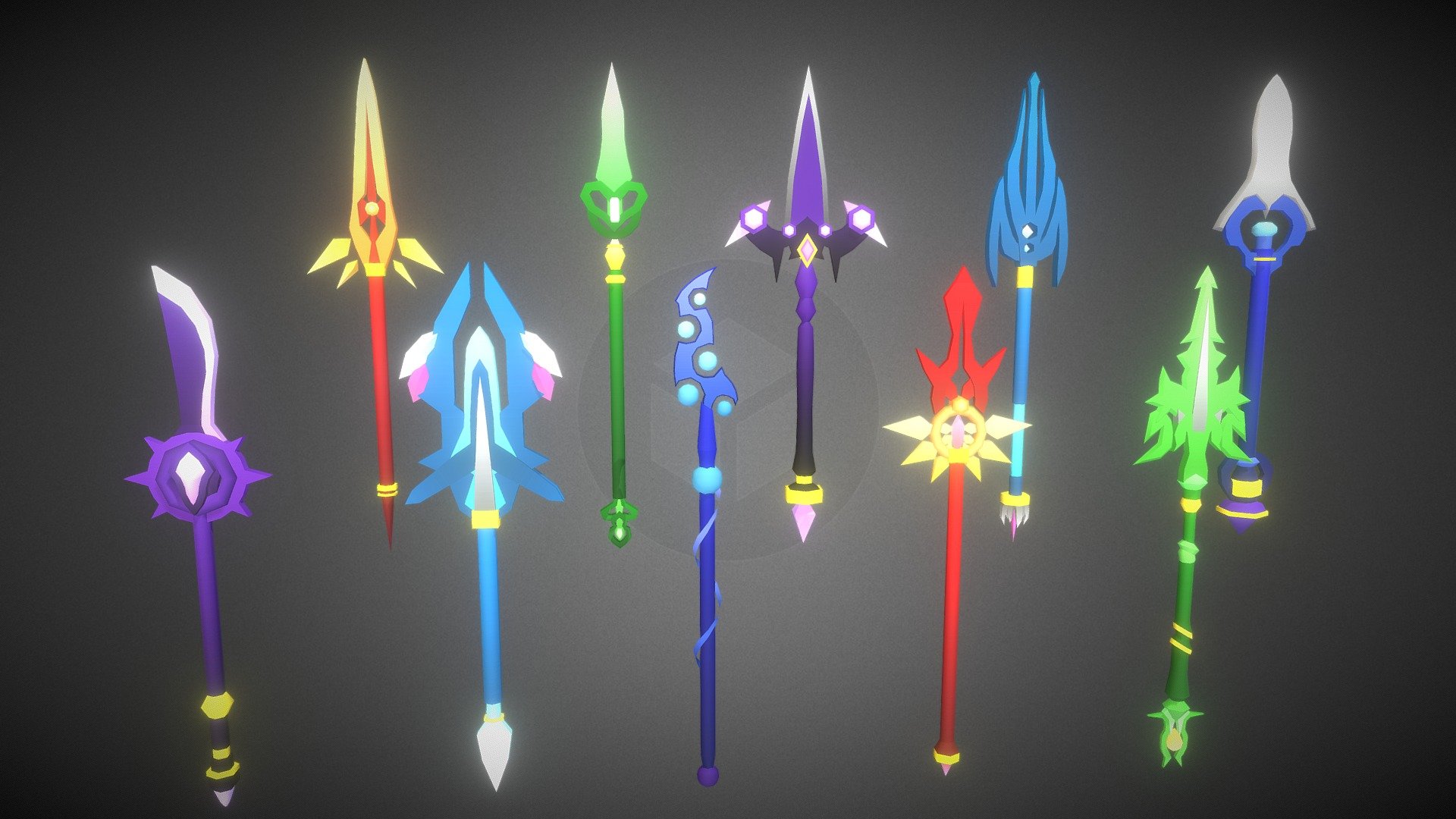This pack contains 10 spears. For each spear, there is 5 color variants linked with an element.

The five elements :




Dark

Fire

Ice

Nature

Water

There is a total of 50 possibilities.

5 textures.

All texture resolution is 2048x2048.

Average Spear triangle count : 833

Maximum Spear triangle count : 1042

Minimum Spear triangle count : 588

this pack contains Low Poly Spears 3d model