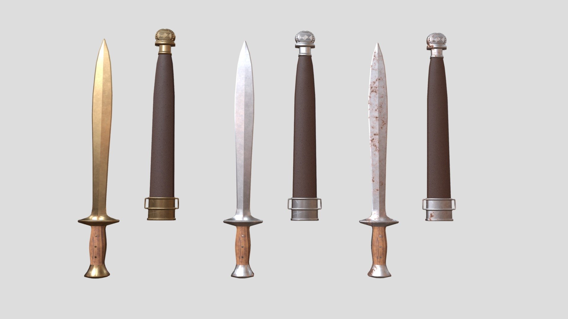 A low poly Greek xiphos sword and scabbard with bronze, steel, and rusted steel PBR textures 3d model