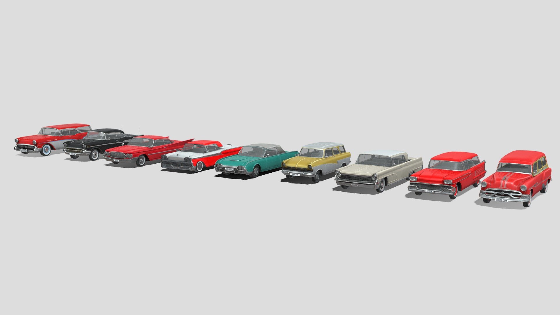 This models pack contain 9 different cars, with nice and clean geometry.

Features : 




Low poly cars, each cars only have about 7k polygons. 

It’s included PSD file, so you can easily change the color (Using Photoshop). 

Nice detail, thanks to the baked-textures in 4K size.

Cars included in this pack: 




Buick Century Caballero Wagon 1957

Chevrolet Bel Air 1957 

Chrysler Saratoga 1960

Ford Crown Victoria 1955

Ford Fairlane 500 Galaxie Skyliner 1959 

Ford Taunus P2 Kombi 1957

Lincoln Mark IV Sedan 1959

Oldsmobile Dynamic 88 Fiesta Holiday SW 1958

Pontiac Chieftain Deluxe Station Wagon 1953

Buying this collection, you will save a large amount of money! - Low Poly Cars Collection 006 - Classic Tailfins - Buy Royalty Free 3D model by ROH3D 3d model