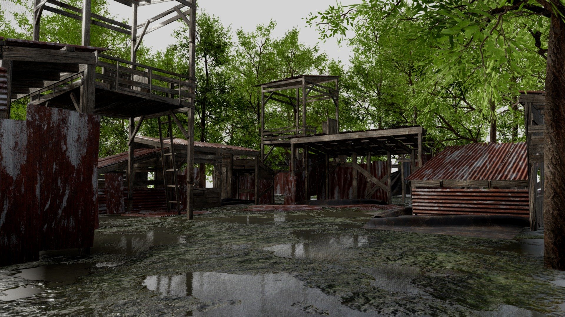 Abandoned Wooden Shacks with Trees 3D Scene
Step into the hauntingly beautiful &ldquo;Abandoned Wooden Shacks with Trees 3D Scene