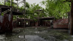 Abandoned Wooden Shacks with Trees 3D Scene